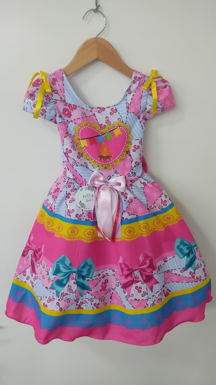 Vestido Infantil Junino Caipira Arraiá Festas Rosa e Azul