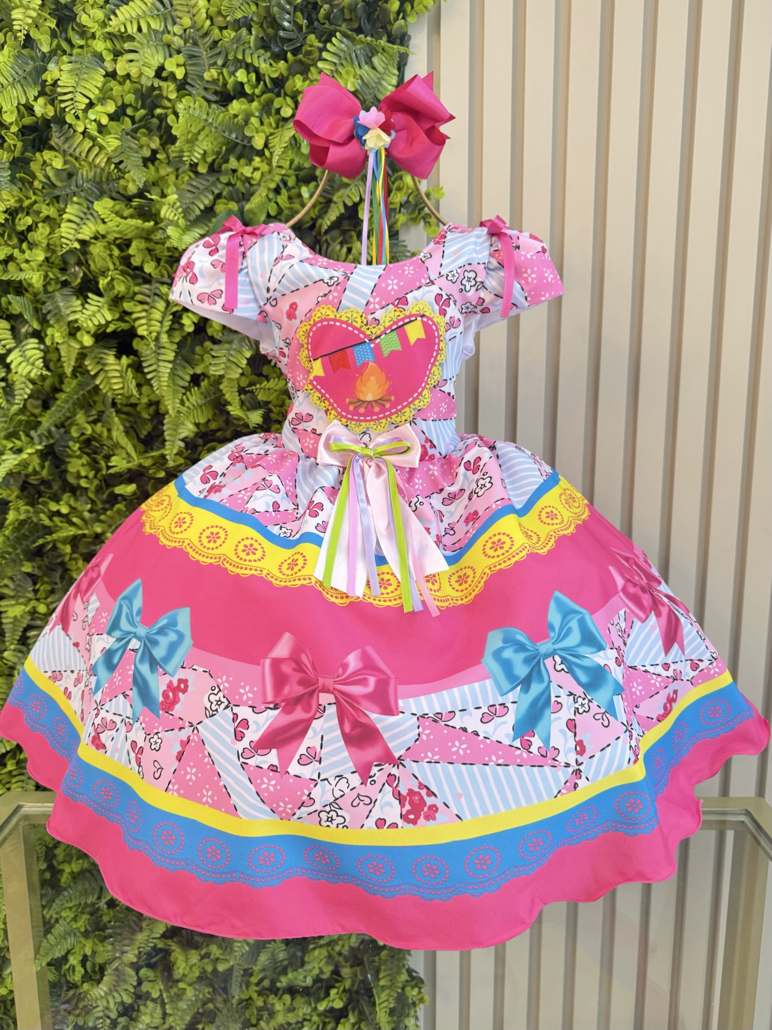 Vestido Infantil Junino Caipira Arraiá Festas Rosa e Azul