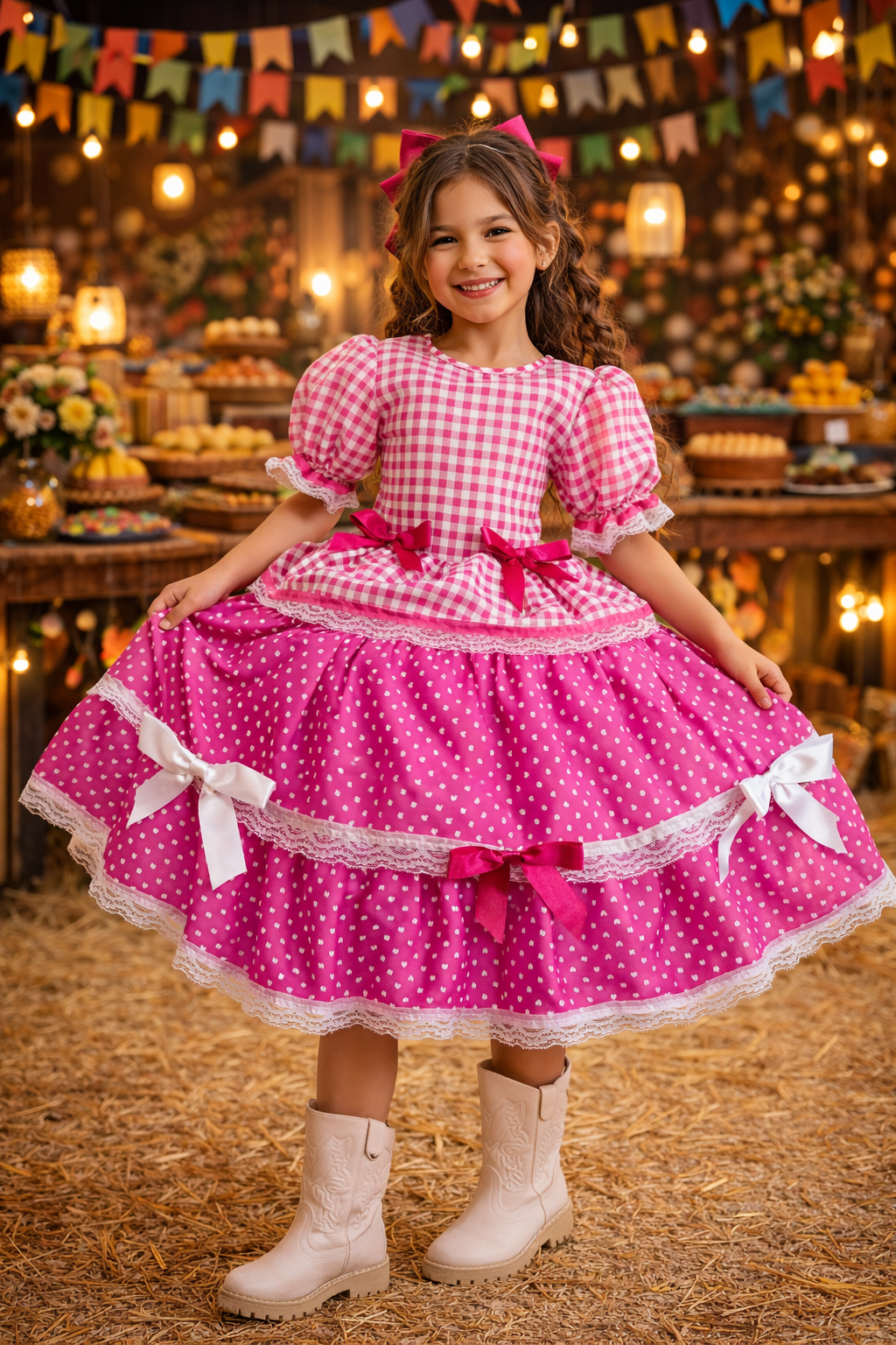 Vestido Infantil Junino Caipira Arraiá Pink Xadrez Laços
