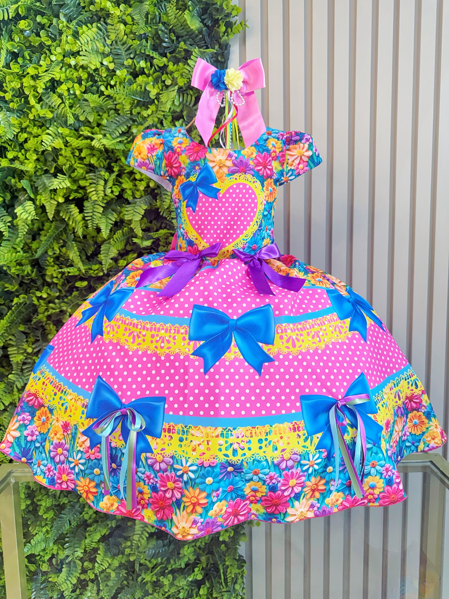 Vestido Infantil Junino Caipira Arraiá Rosa Chiclete Colorido