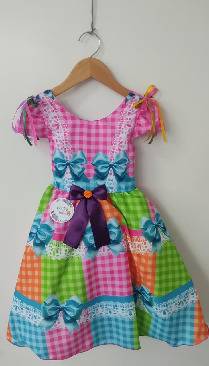 Vestido Infantil Junino Caipira Arraiá Rosa Colorido