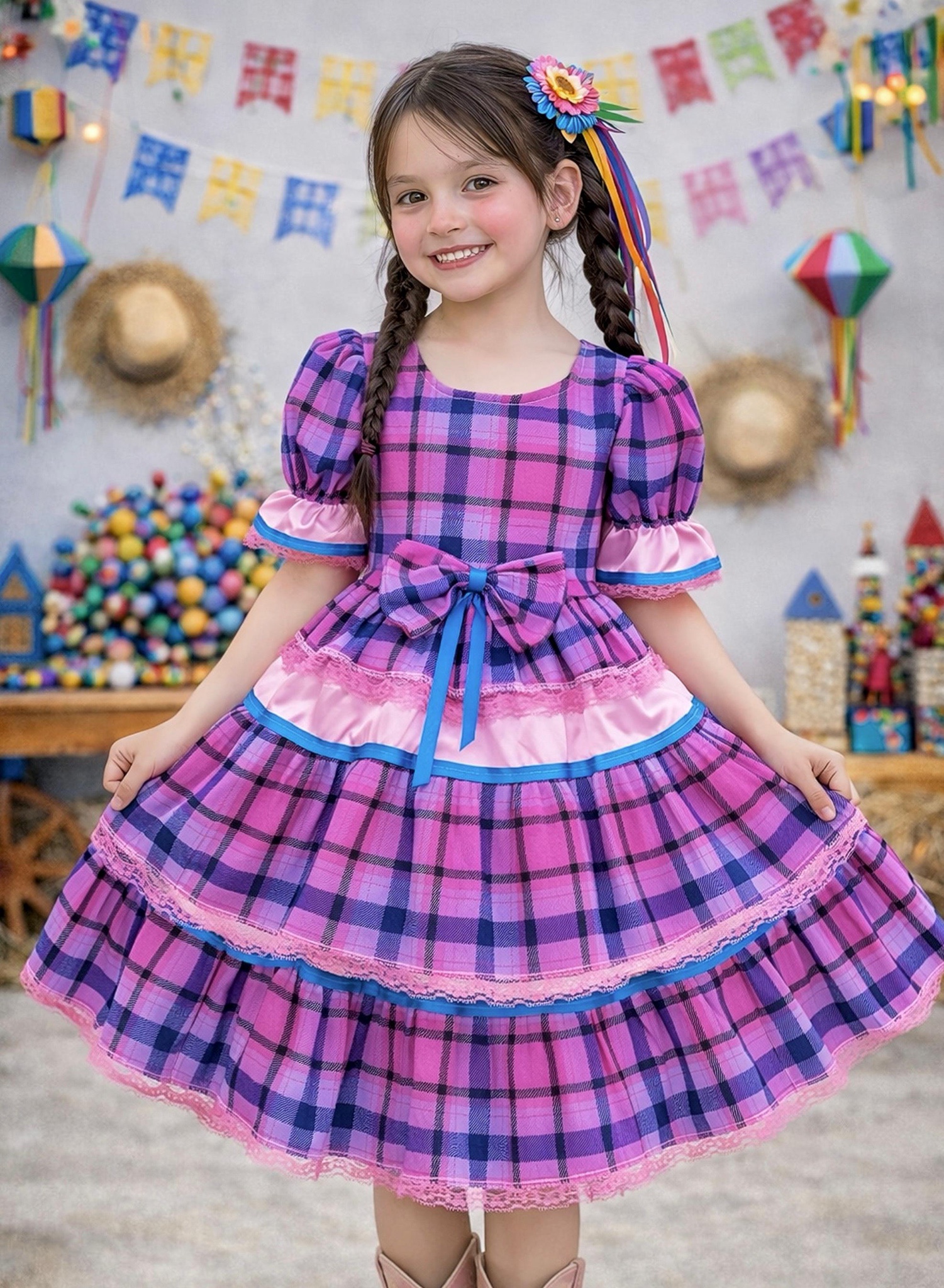 Vestido Infantil Junino Caipira Arraiá Rosa Xadrez Colorido