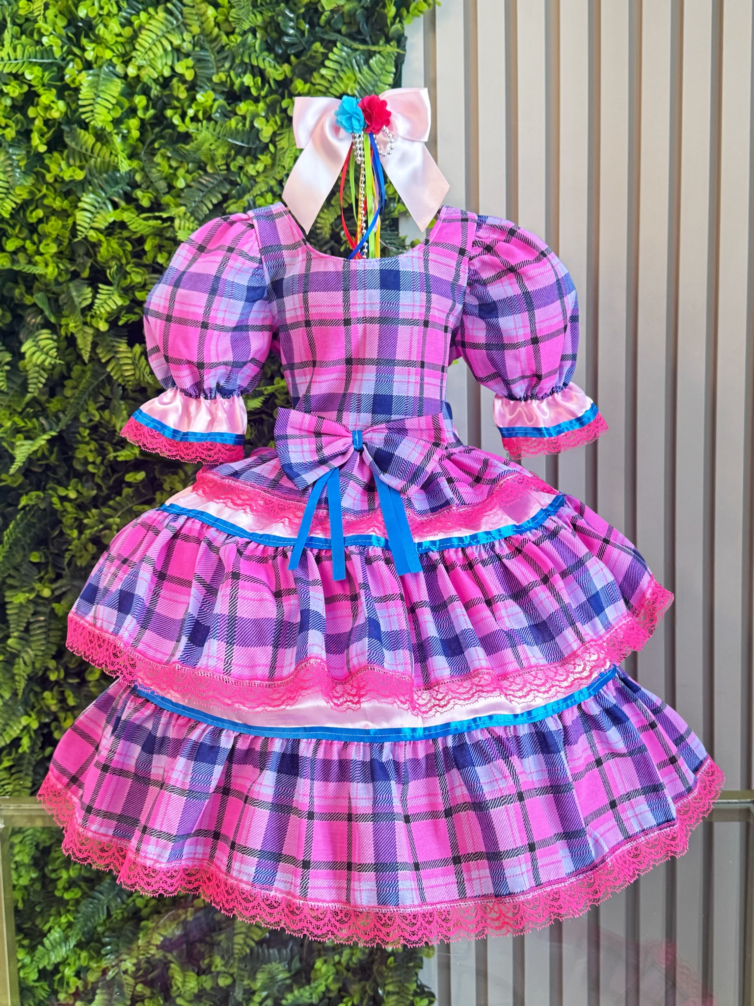 Vestido Infantil Junino Caipira Arraiá Rosa Xadrez Colorido