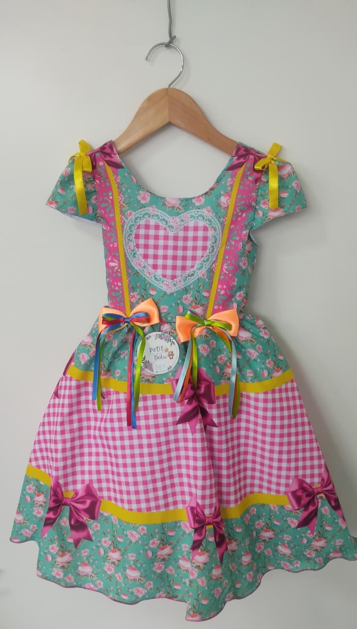Vestido Infantil Junino Caipira Arraiá Verde e Xadrez Rosa