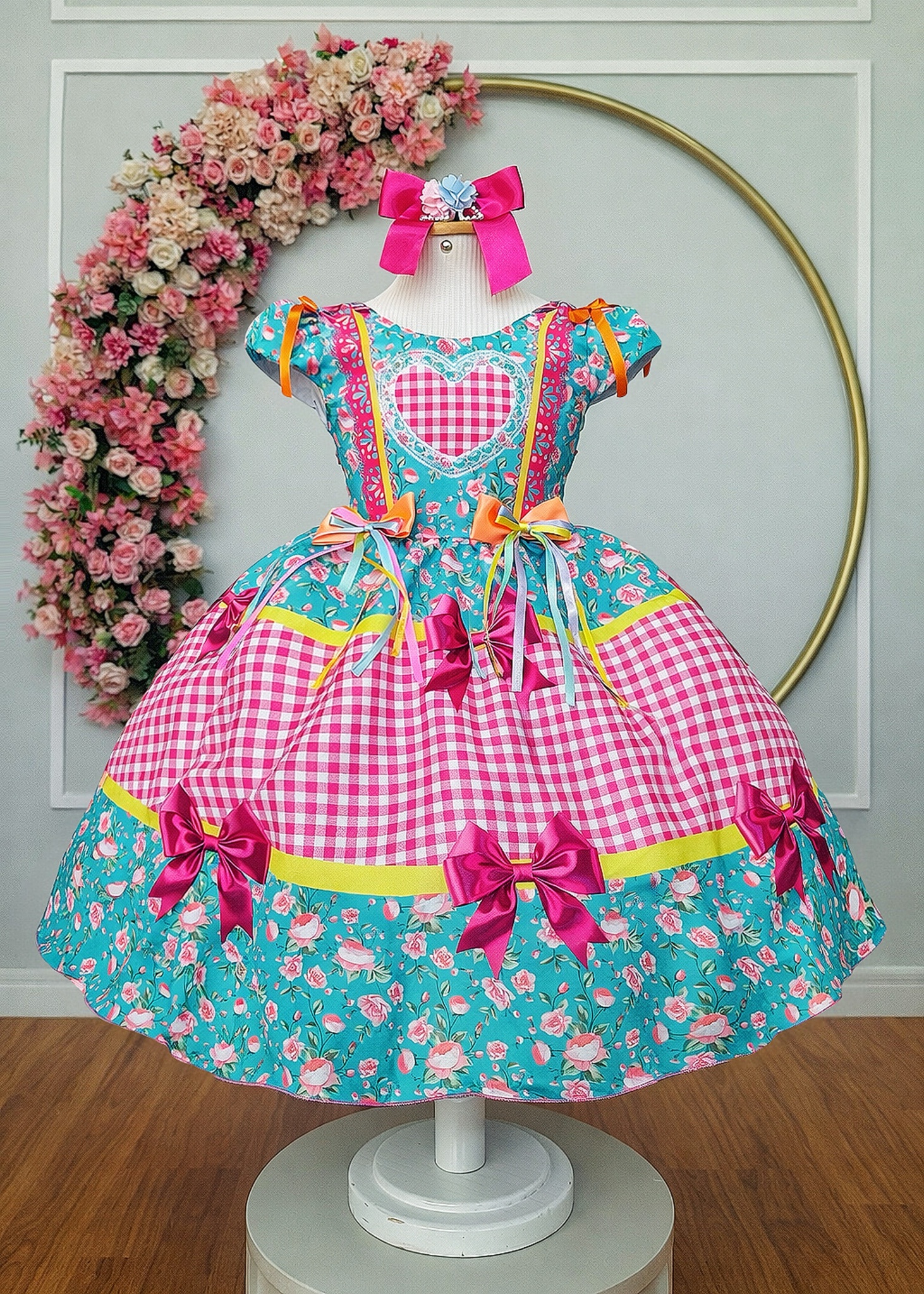 Vestido Infantil Junino Caipira Arraiá Verde e Xadrez Rosa