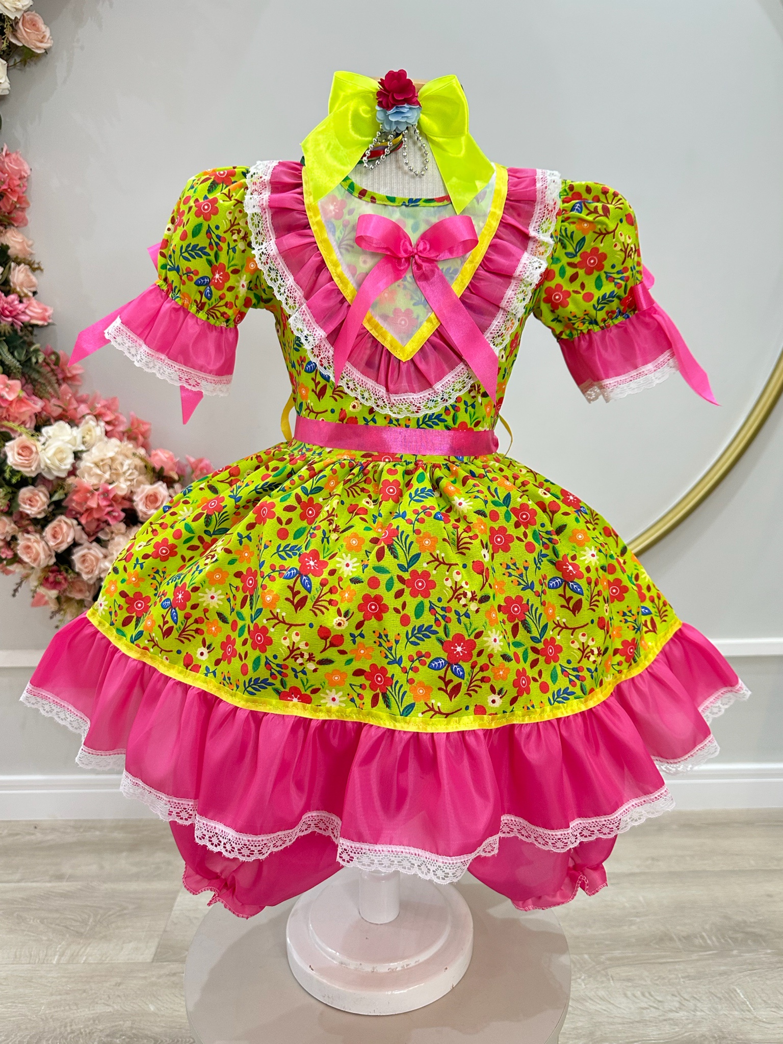 Vestido Infantil Junino Caipira Arraiá Verde Florido Colorido