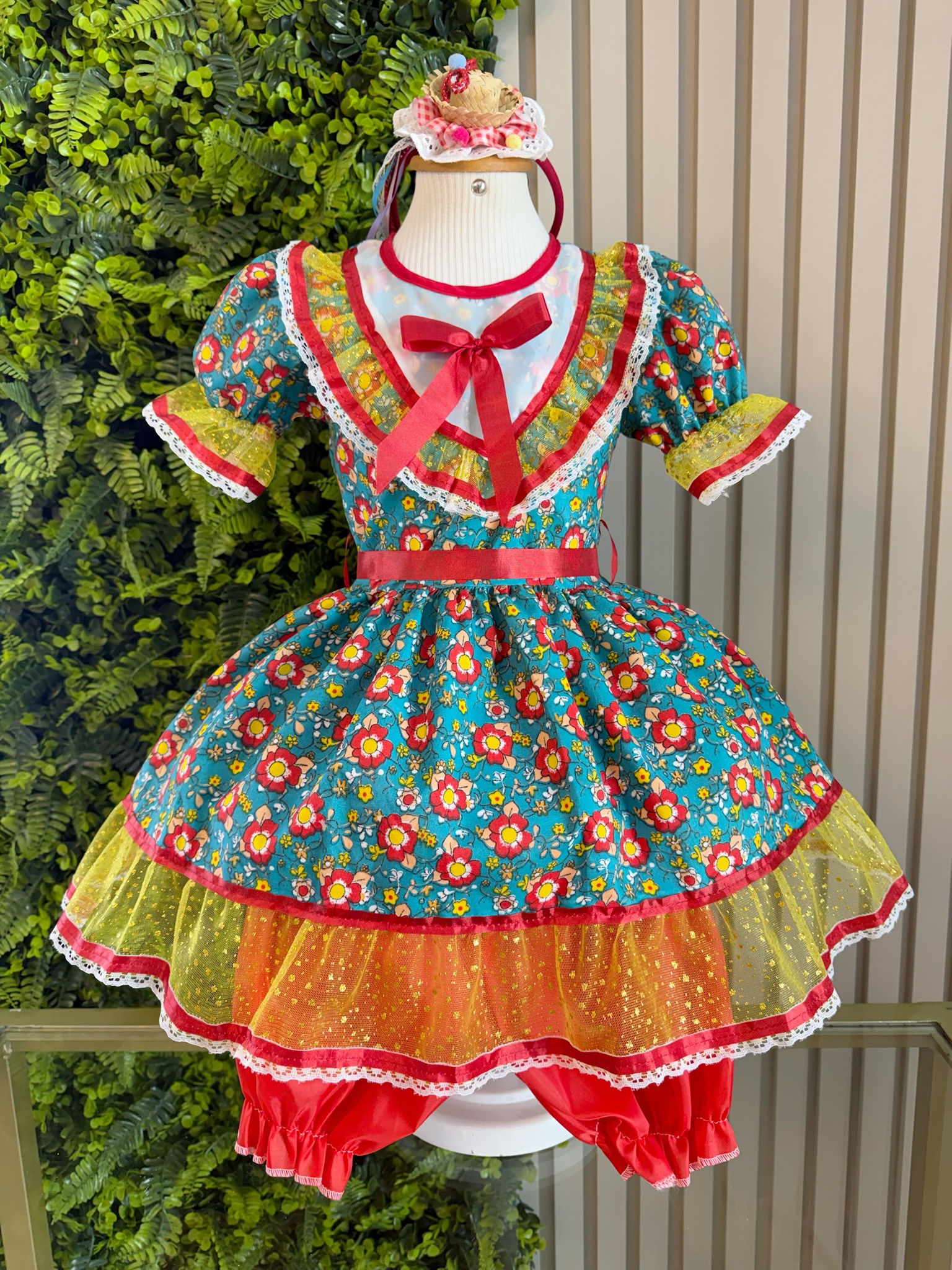 Vestido Infantil Junino Caipira Arraiá Verde Florido Colorido