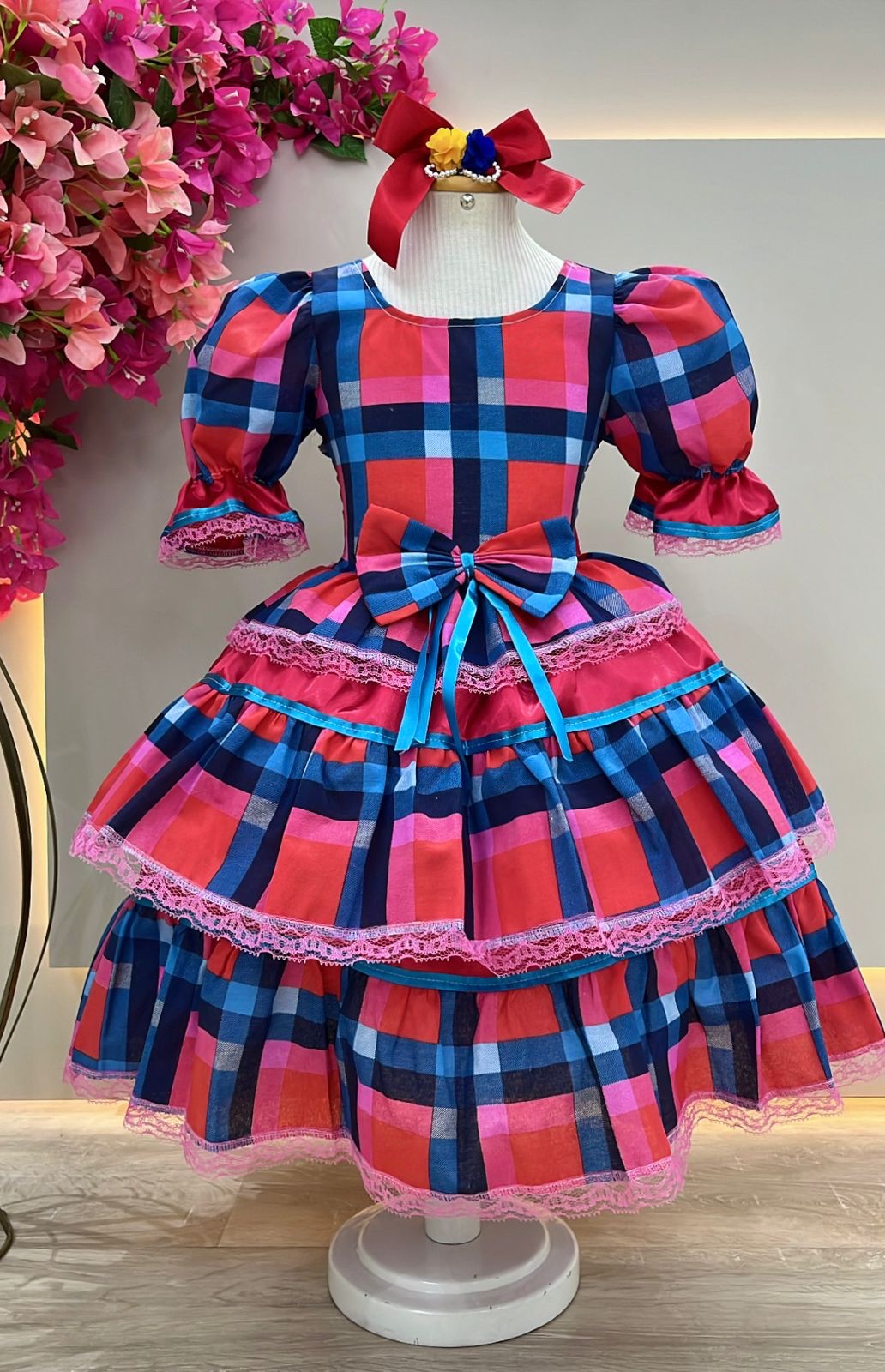 Vestido Infantil Junino Caipira Arraiá Vermelho Xadrez Colorido