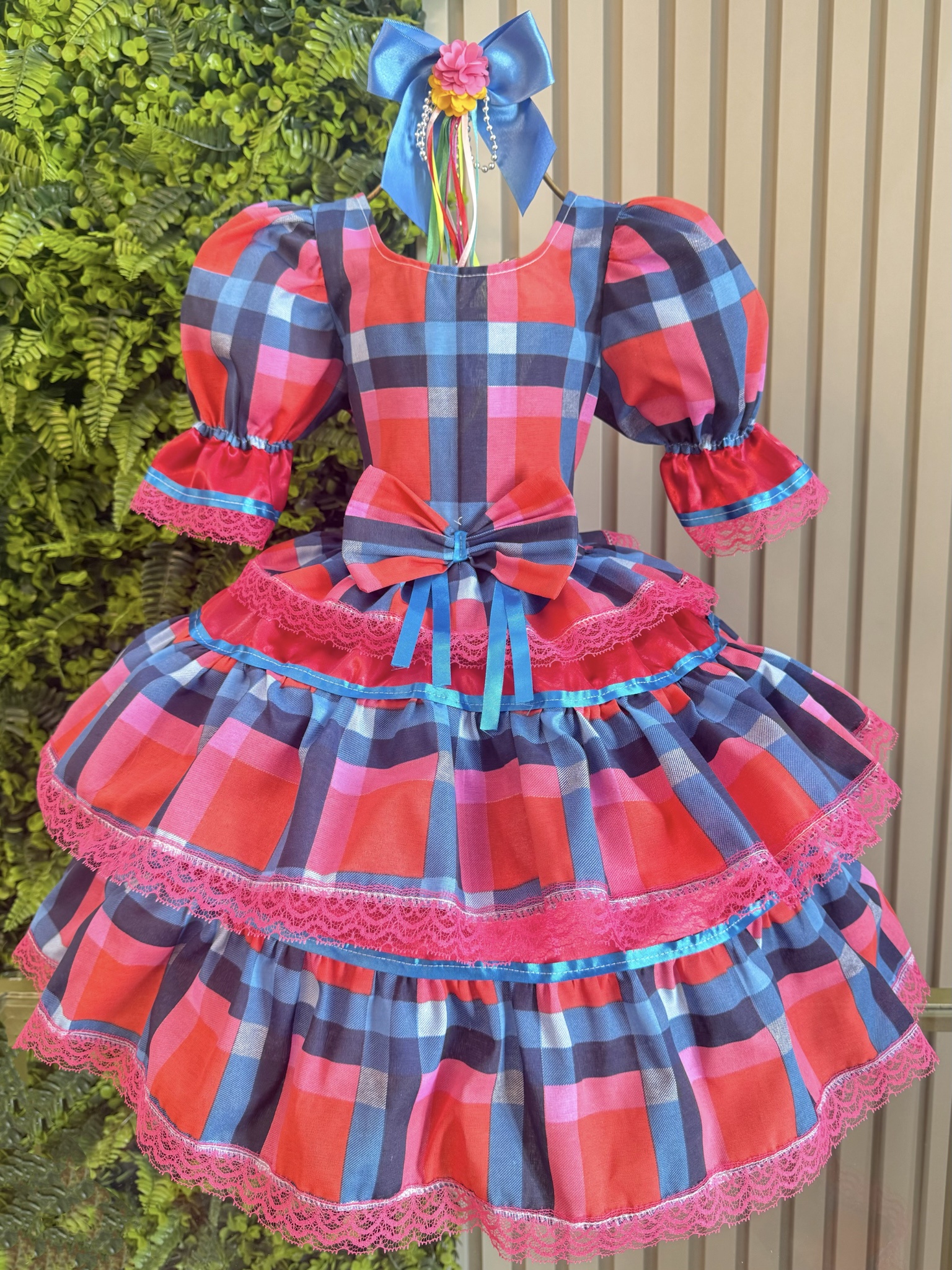 Vestido Infantil Junino Caipira Arraiá Vermelho Xadrez Colorido