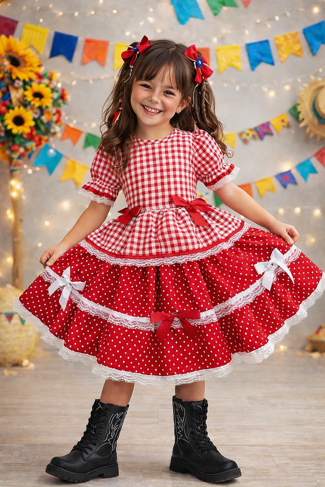 Vestido Infantil Junino Caipira Arraiá Vermelho Xadrez Laços