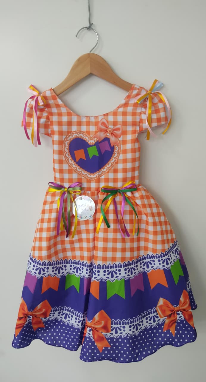 Vestido Infantil Junino Caipira Arraiá Xadrez Laranja