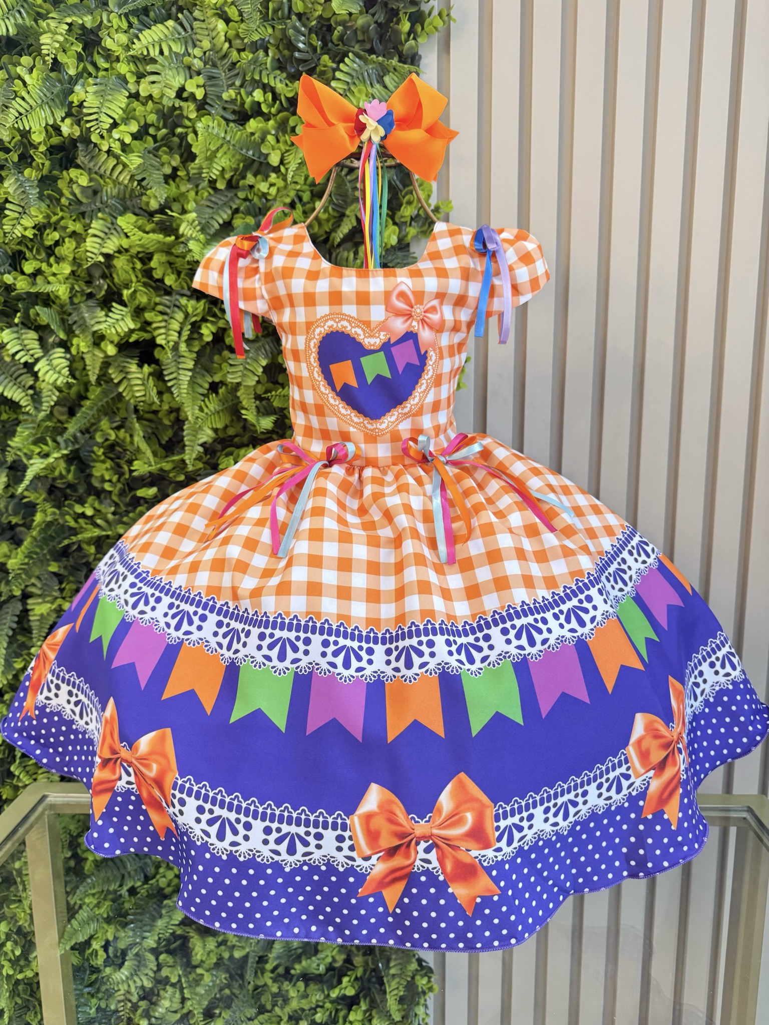 Vestido Infantil Junino Caipira Arraiá Xadrez Laranja