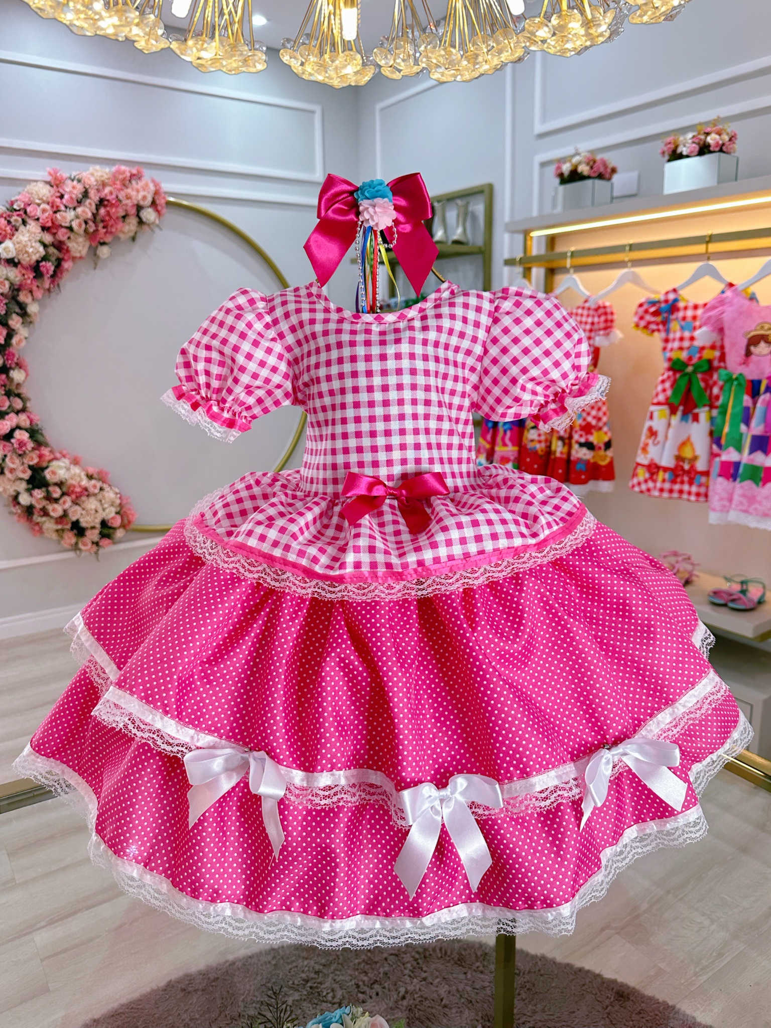 Vestido Infantil Junino Caipira Arraiá Xadrez Rosa Chiclete
