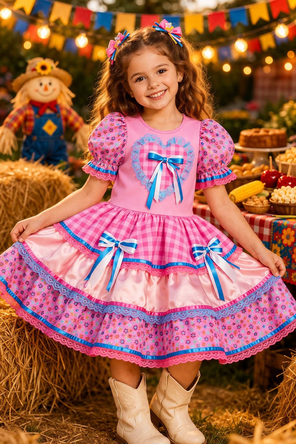 Vestido Infantil Junino Caipira Arraiá Xadrez Rosa Colorido
