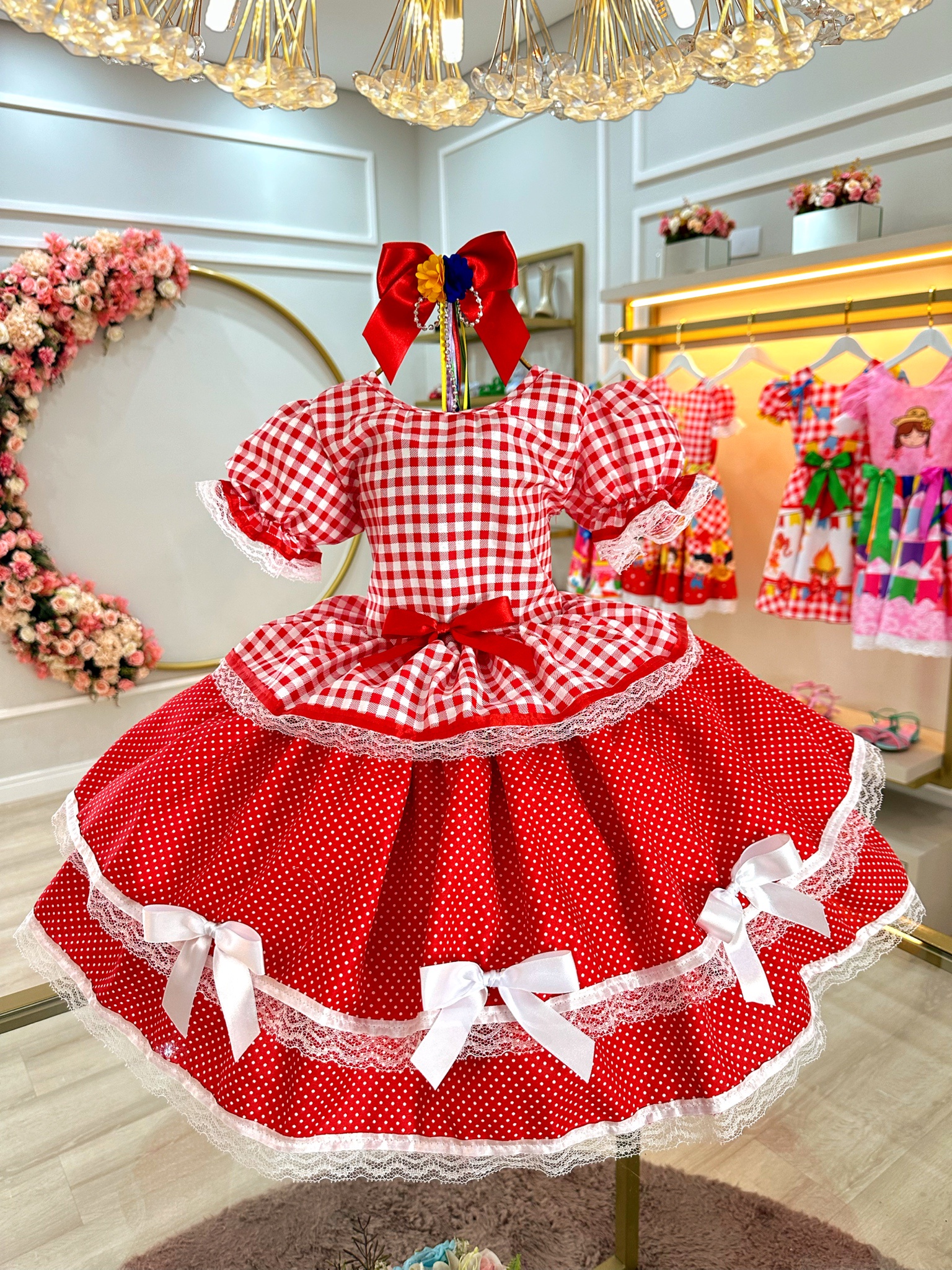 Vestido Infantil Junino Caipira Arraiá Xadrez Vermelho
