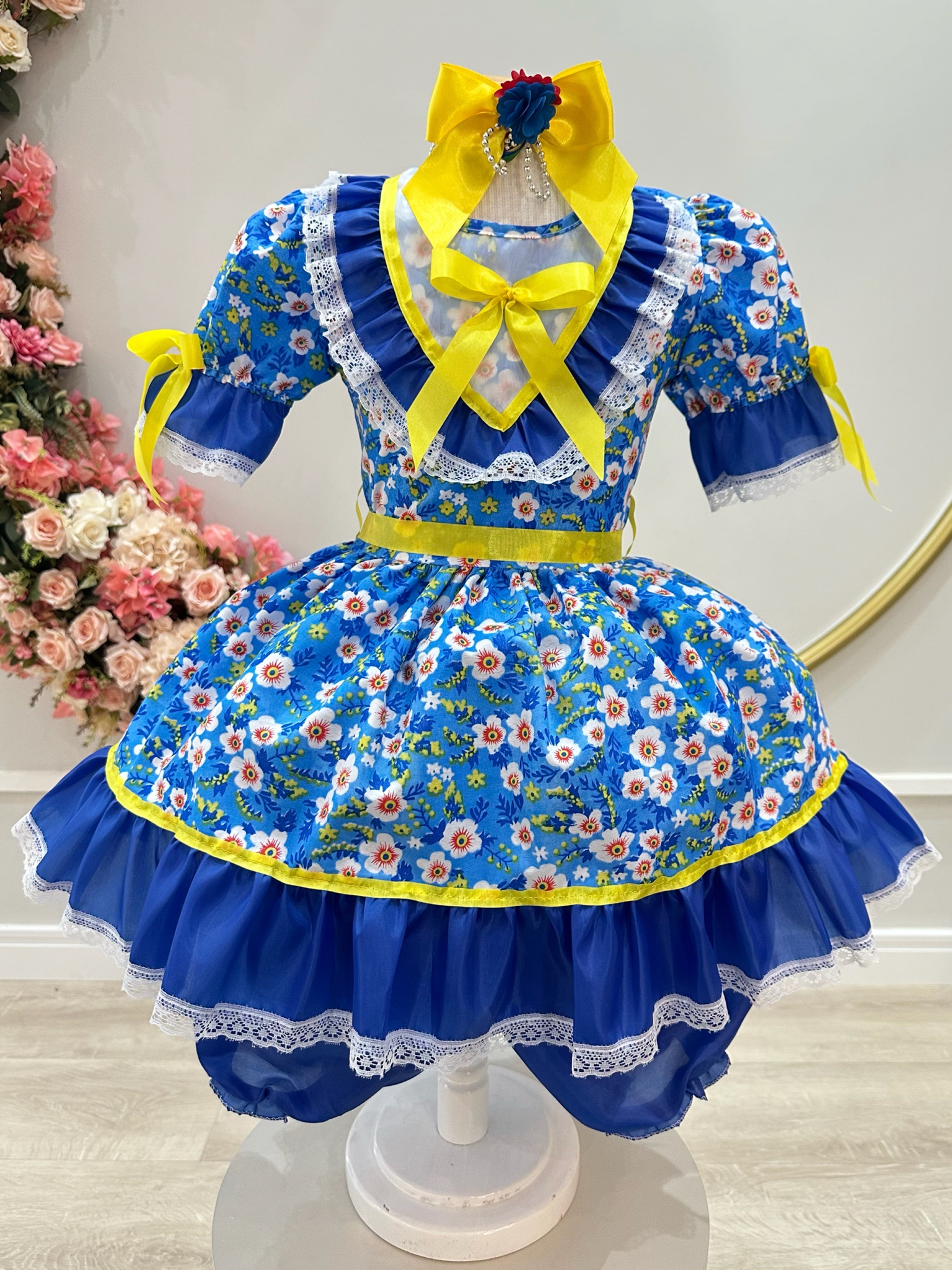 Vestido Infantil Junino Caipira Azul Colorido Florido