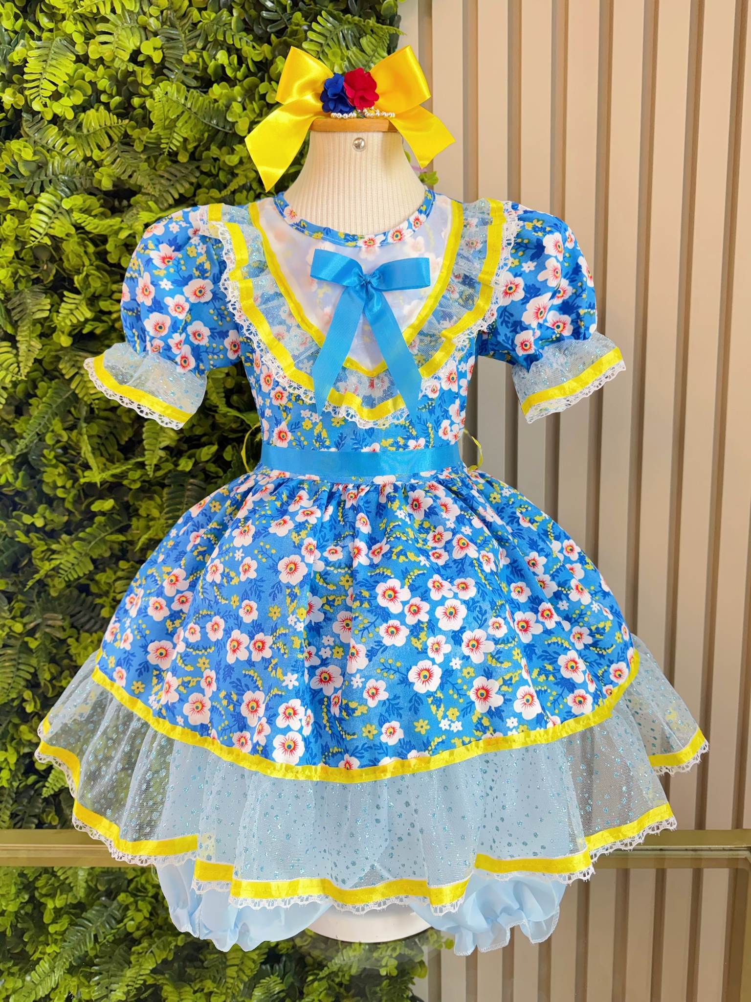 Vestido Infantil Junino Caipira Azul Colorido Florido