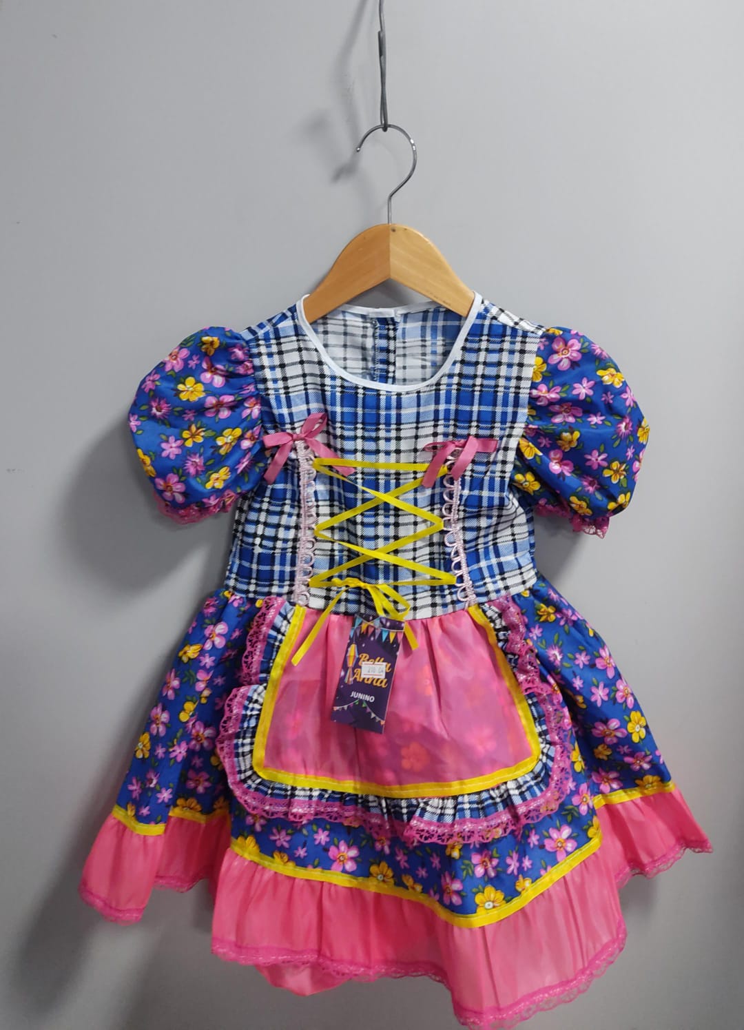 Vestido Infantil Junino Caipira Azul Colorido Florzinhas
