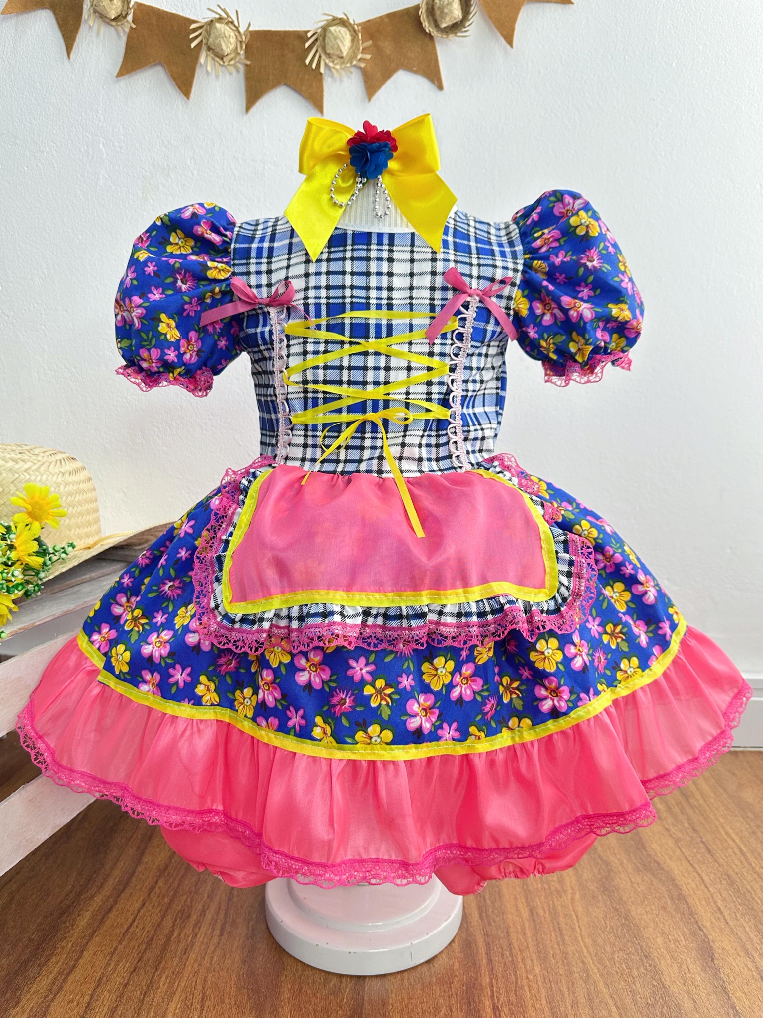 Vestido Infantil Junino Caipira Azul Colorido Florzinhas