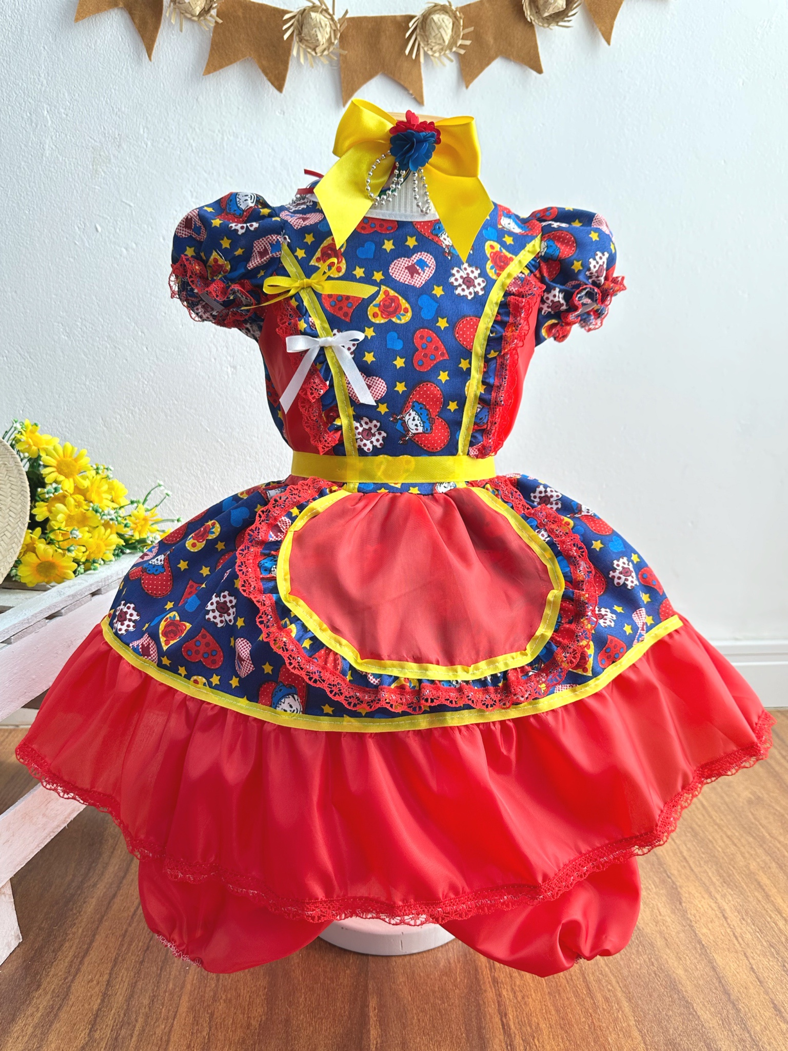 Vestido Infantil Junino Caipira Azul Festa São João Colorido