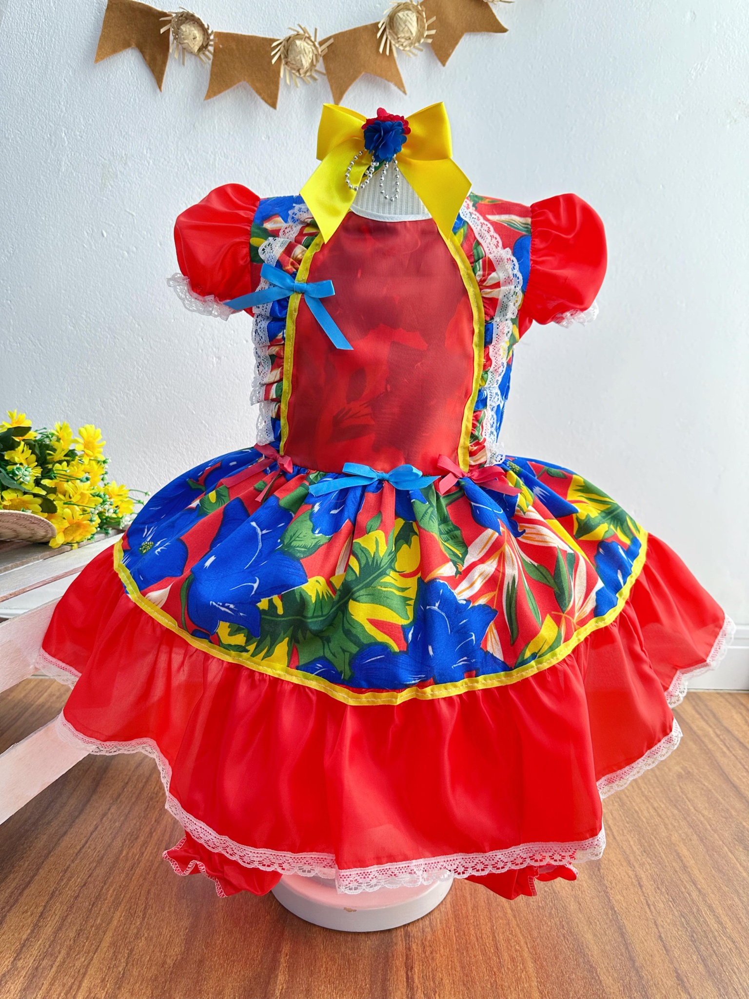 Vestido Infantil Junino Caipira Azul Flores Coloridas