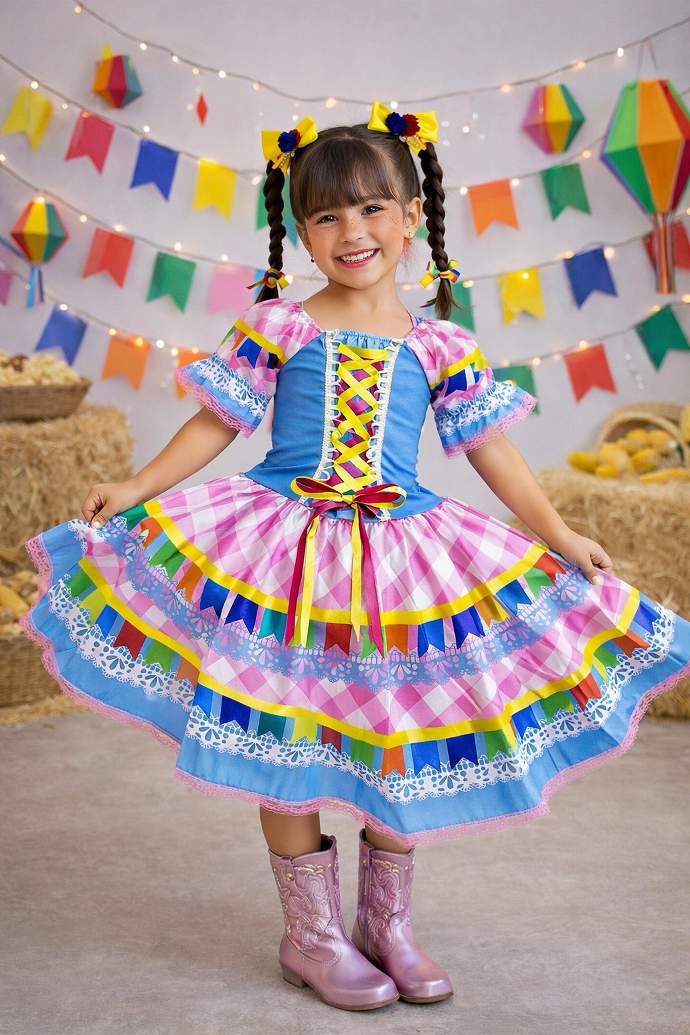 Vestido Infantil Junino Caipira Azul Saia Xadrex Colorido