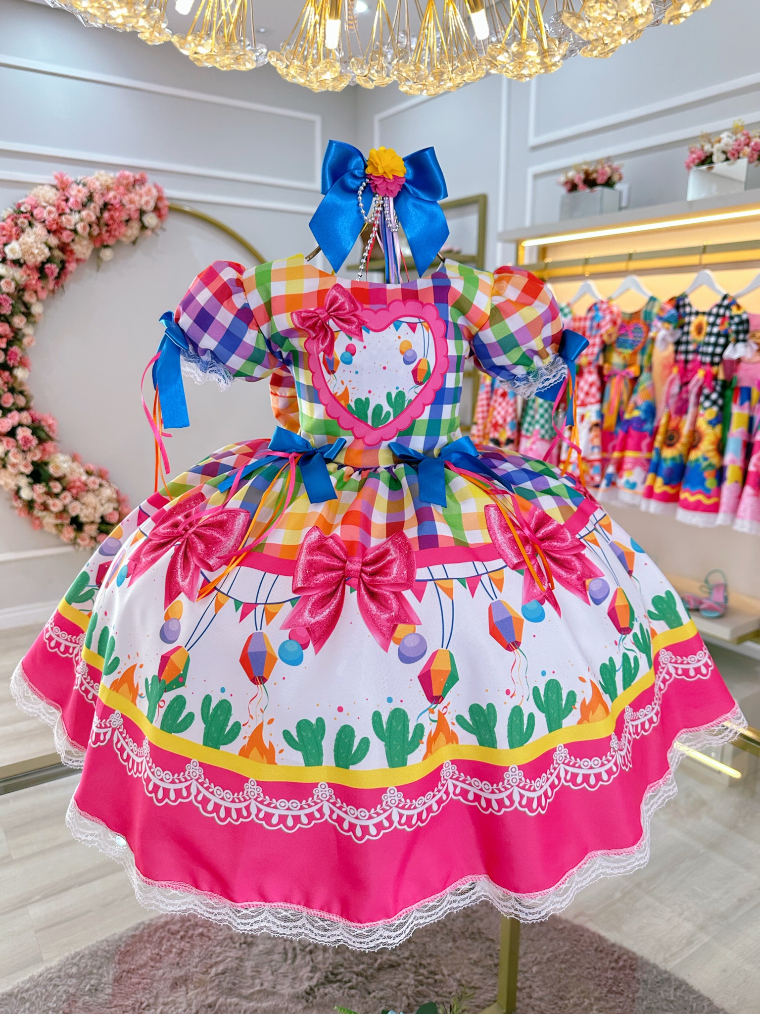 Vestido Infantil Junino Caipira C/ Balões Xadrez Colorido