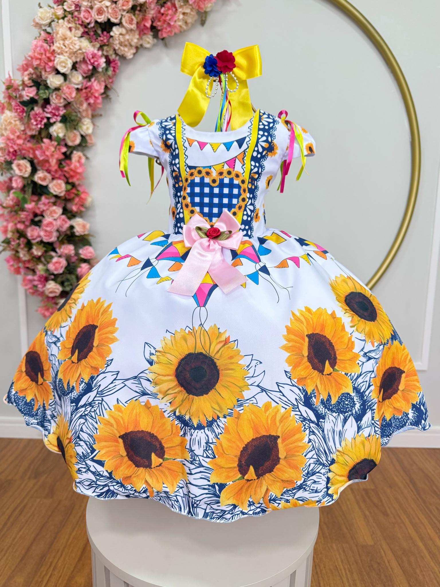 Vestido Infantil Junino Caipira Festa São João Branco Girassol