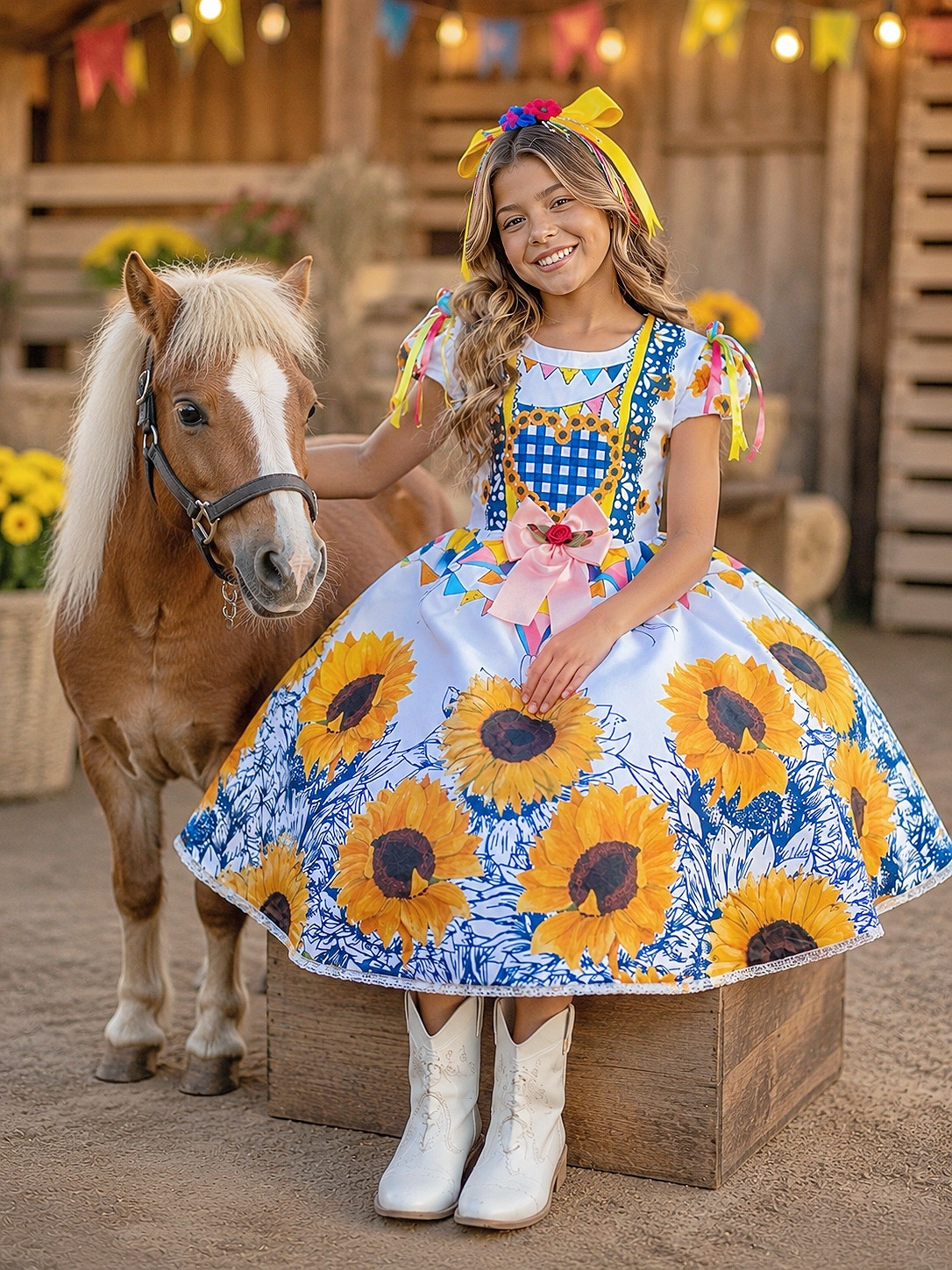 Vestido Infantil Junino Caipira Festa São João Branco Girassol