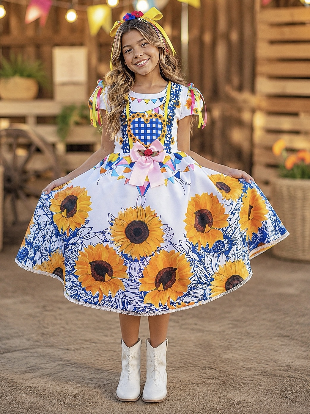 Vestido Infantil Junino Caipira Festa São João Branco Girassol