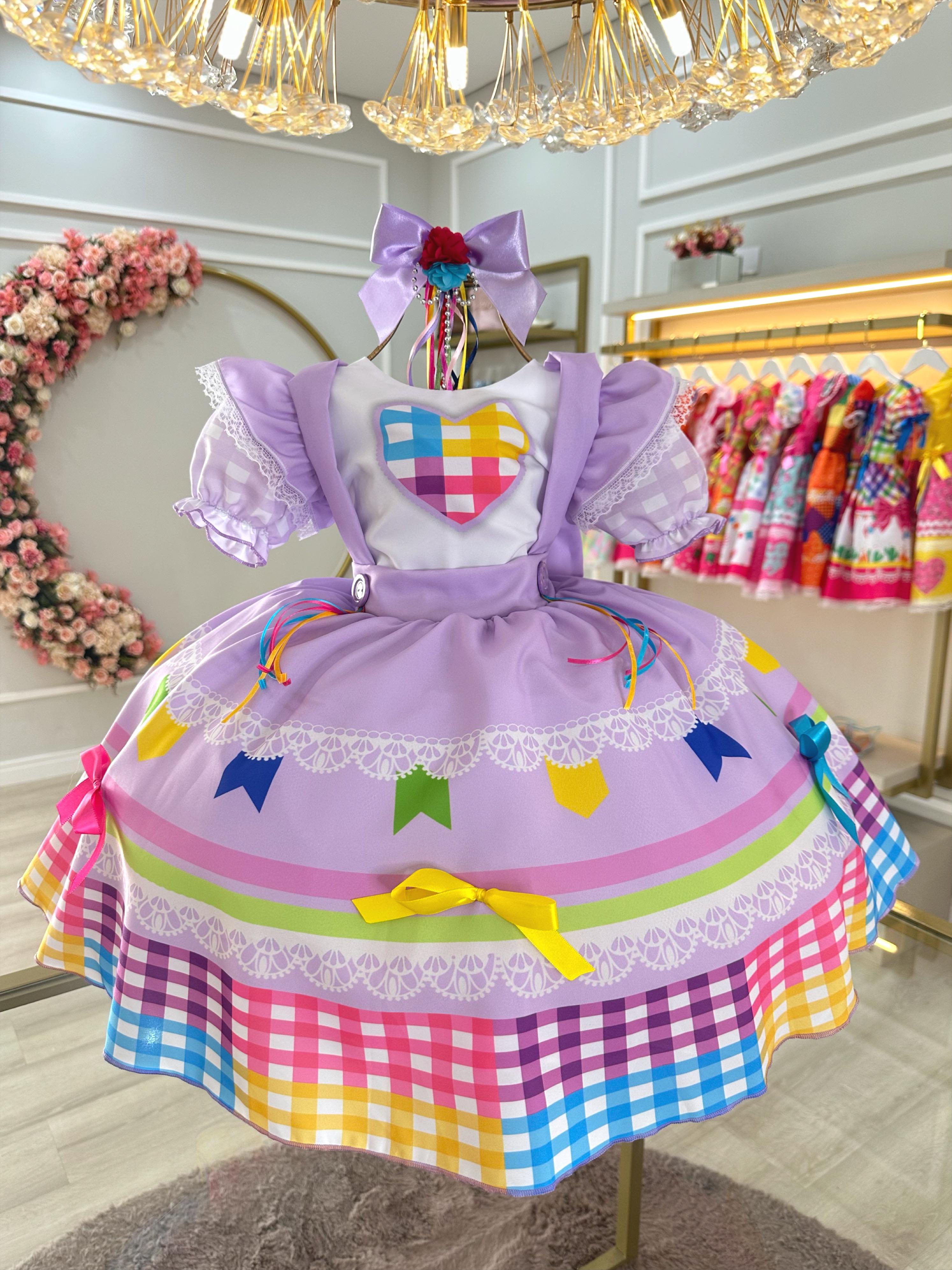 Vestido Infantil Junino Caipira Festas Lilás Colorido Luxo
