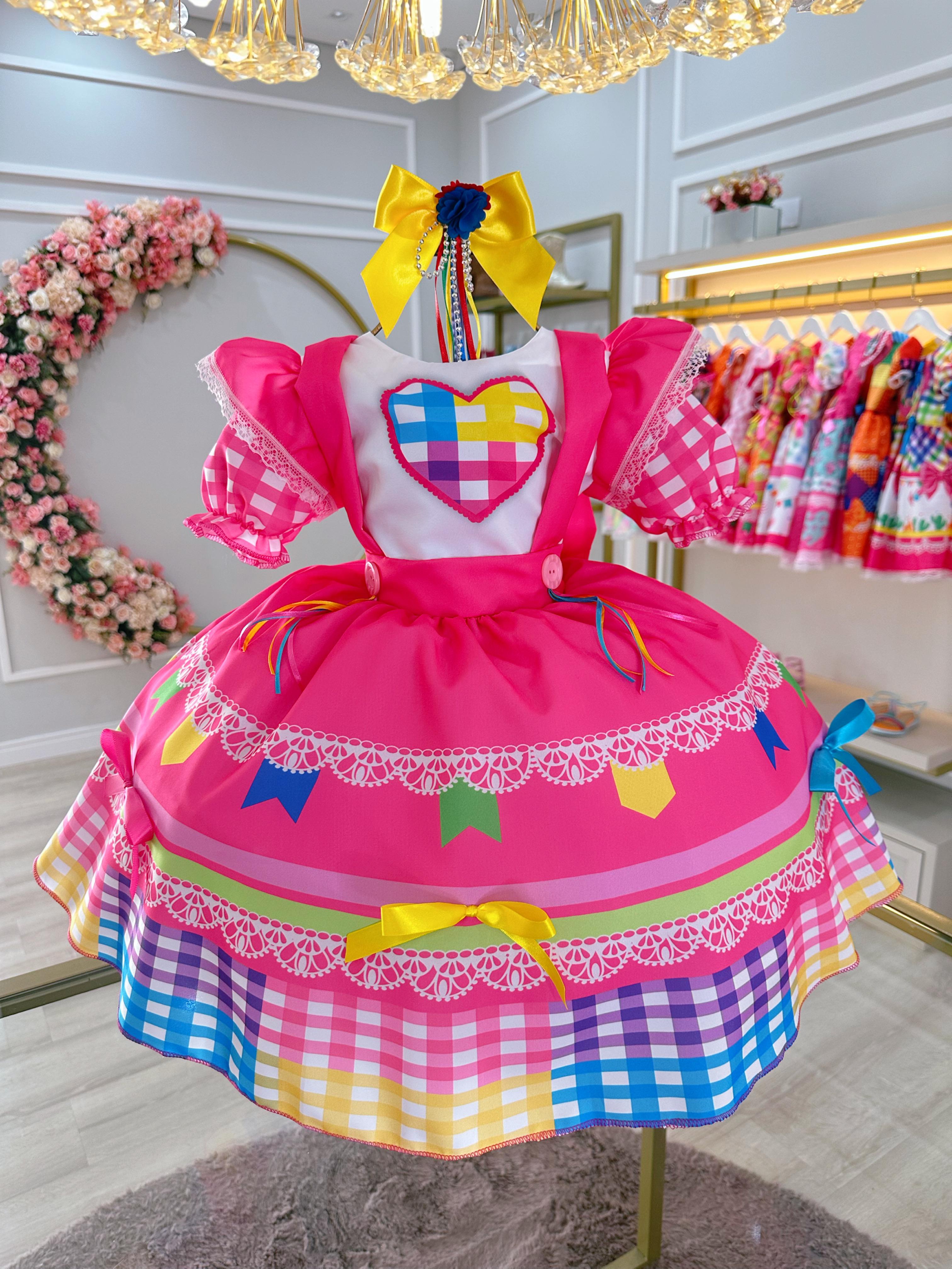 Vestido Infantil Junino Caipira Festas Pink Colorido Luxo