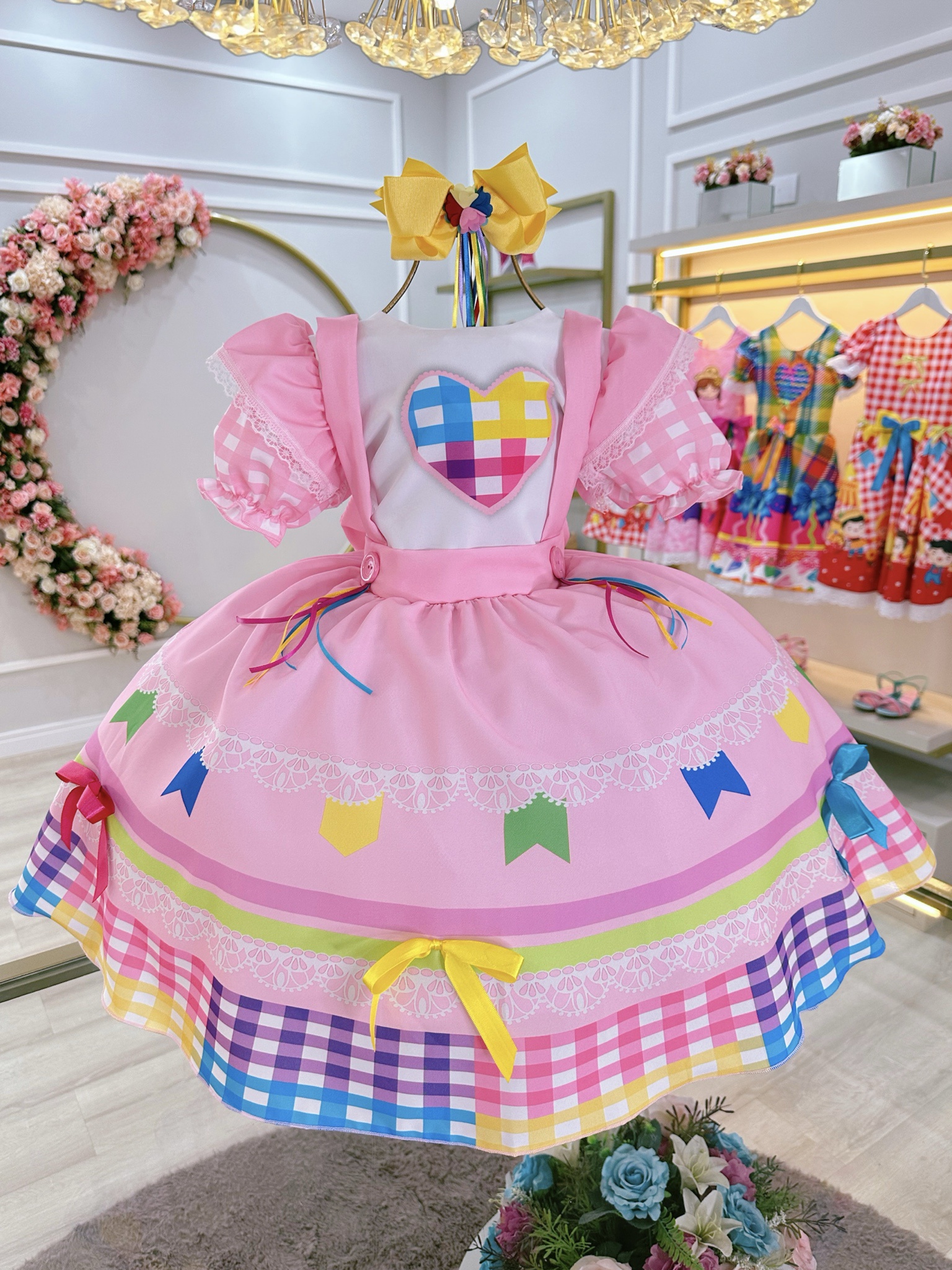 Vestido Infantil Junino Caipira Festas Rosa Colorido Luxo