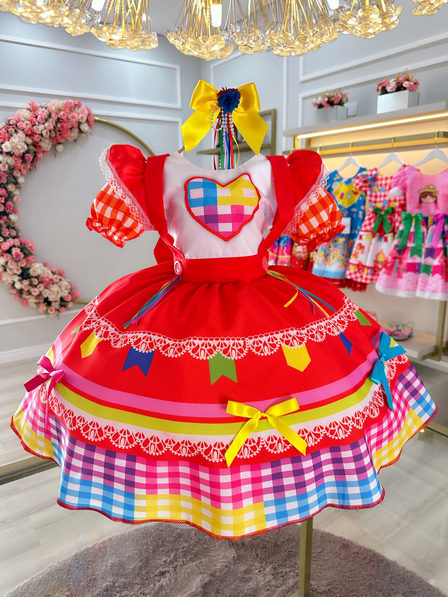 Vestido Infantil Junino Caipira Festas Vermelho Colorido Luxo