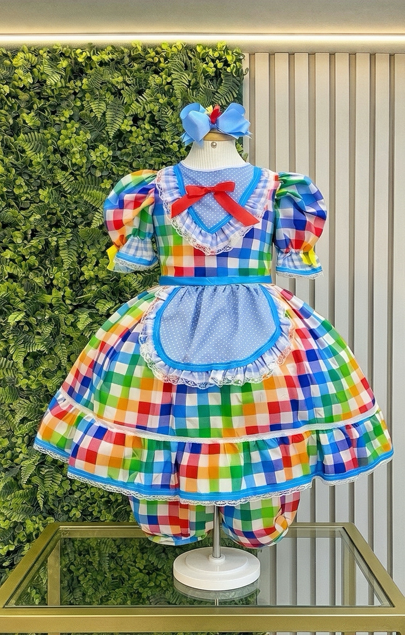 Vestido Infantil Junino Caipira Festas Xadrez Azul Colorido