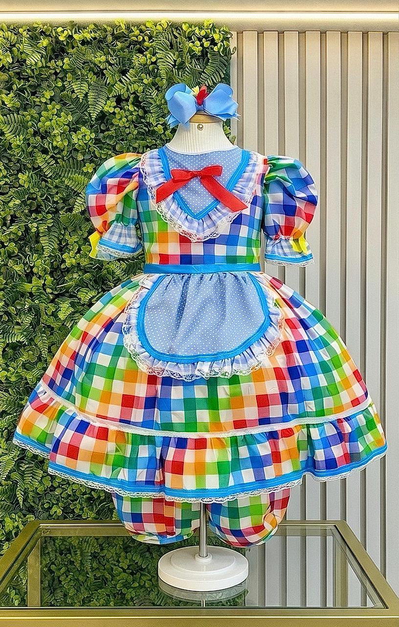 Vestido Infantil Junino Caipira Festas Xadrez Azul Colorido
