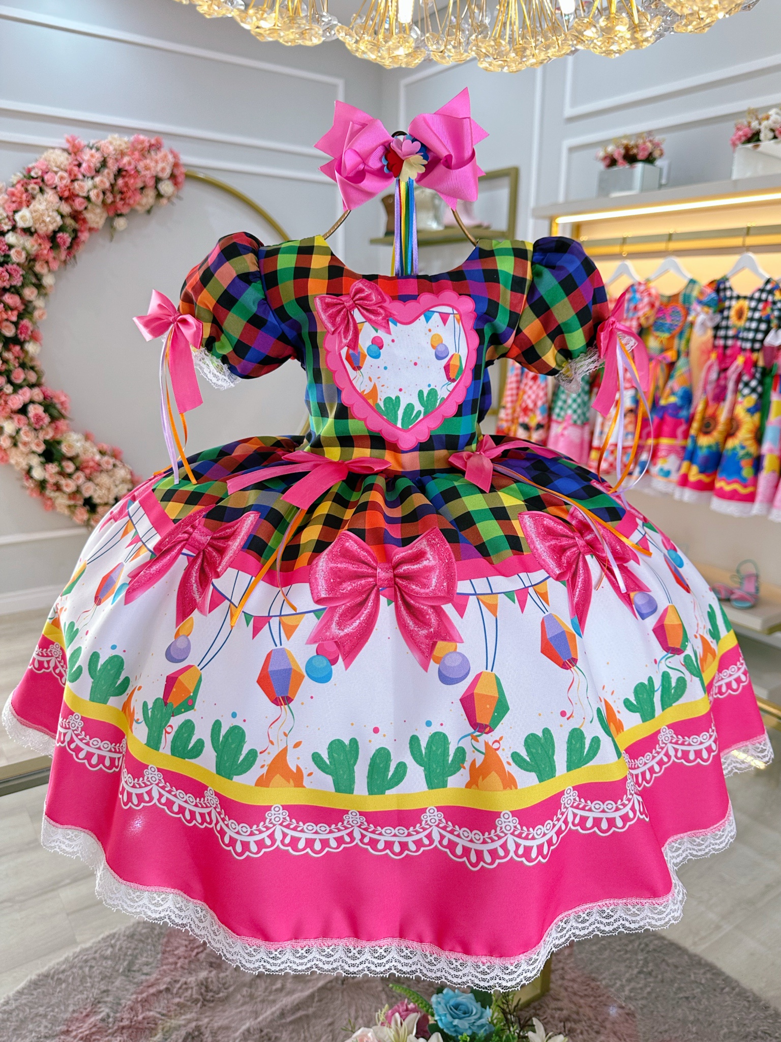 Vestido Infantil Junino Caipira Folia Balões Xadrez Colorido