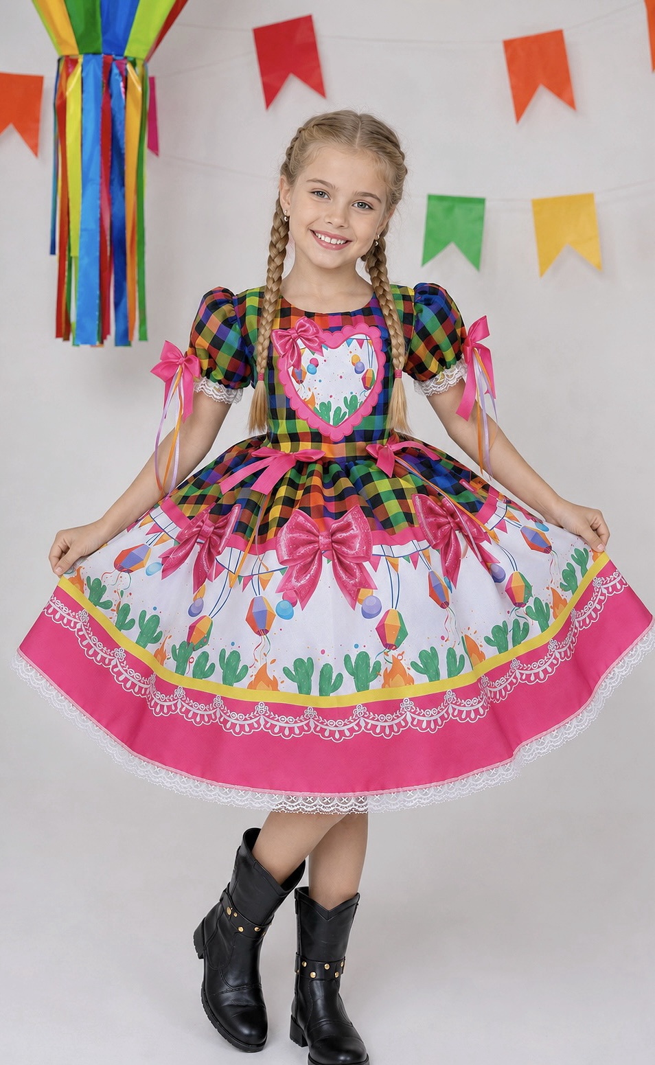 Vestido Infantil Junino Caipira Folia Balões Xadrez Colorido