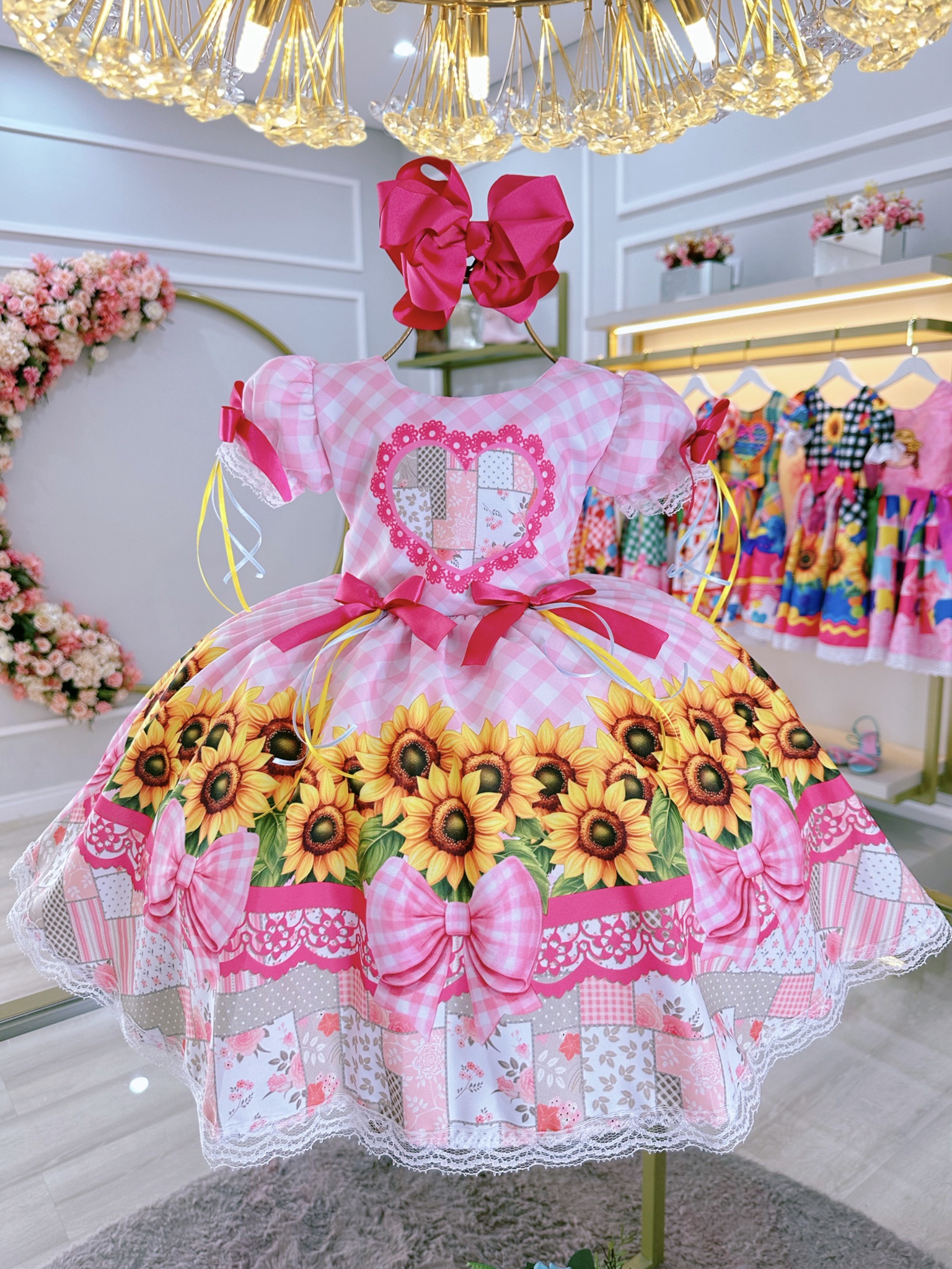 Vestido Infantil Junino Caipira Folia Girassol Xadrez Rosa