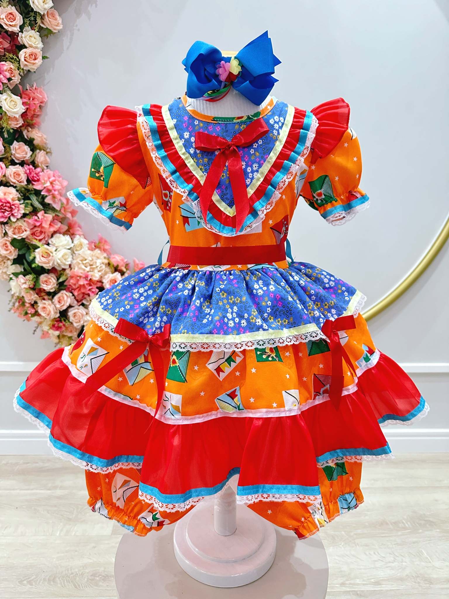 Vestido Infantil Junino Caipira Laranja Colorido Estampado