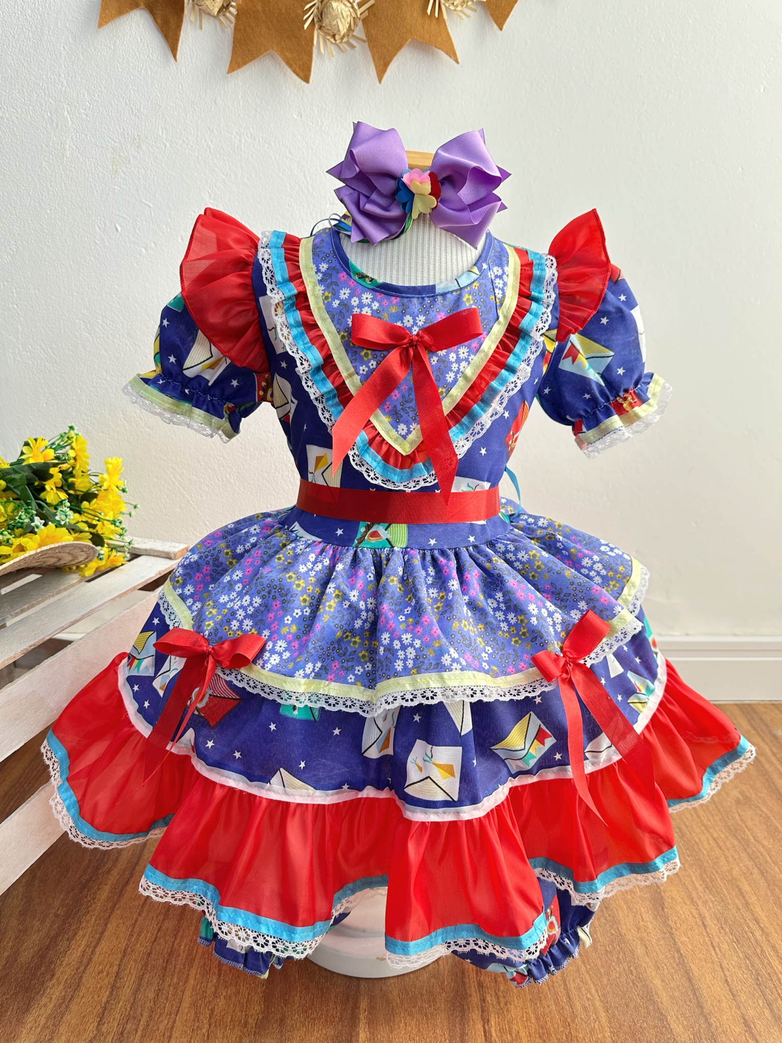 Vestido Infantil Junino Caipira Lilás Azul Colorido Estampado