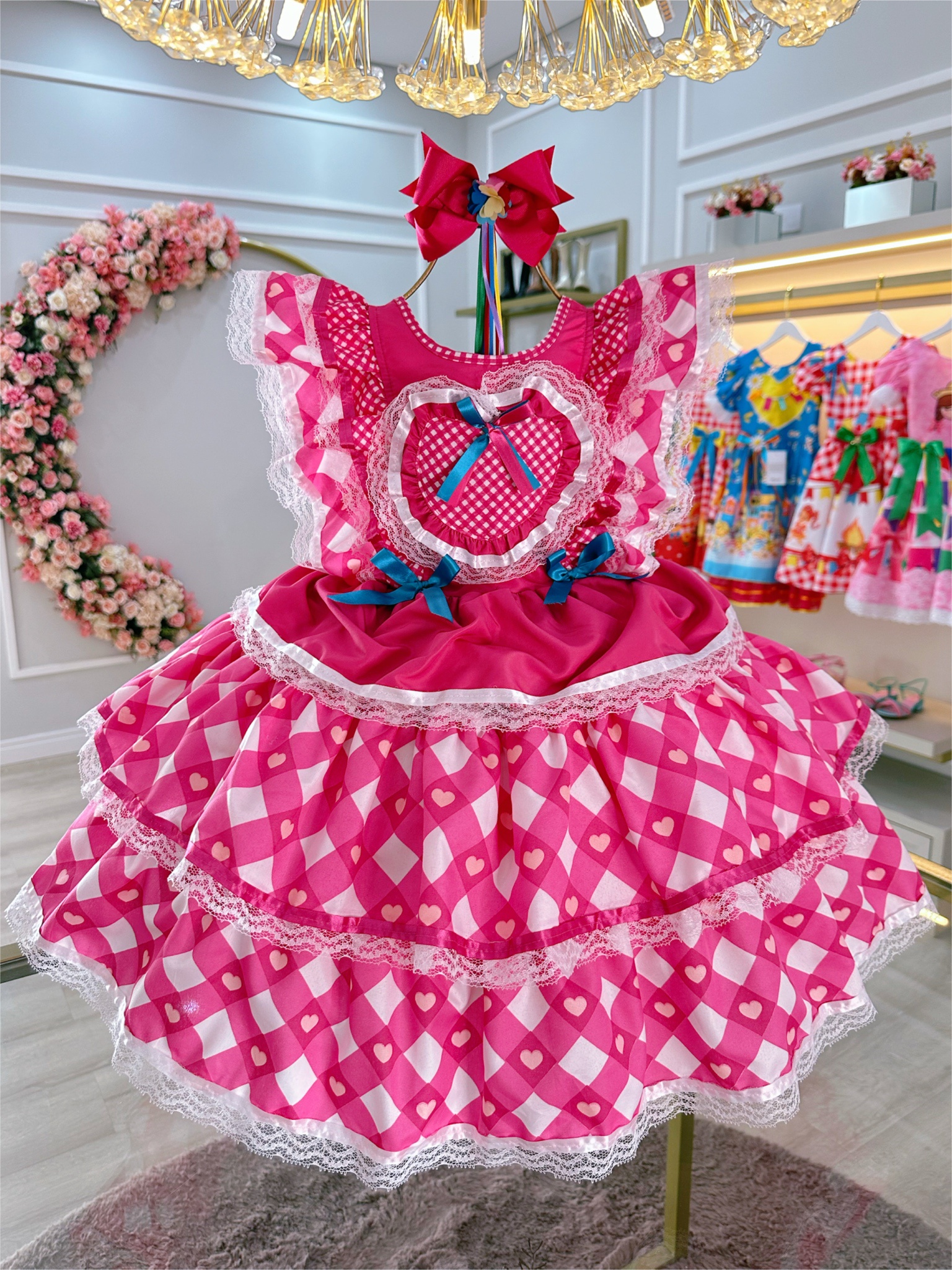 Vestido Infantil Junino Caipira Pink C/ Desenho Corações