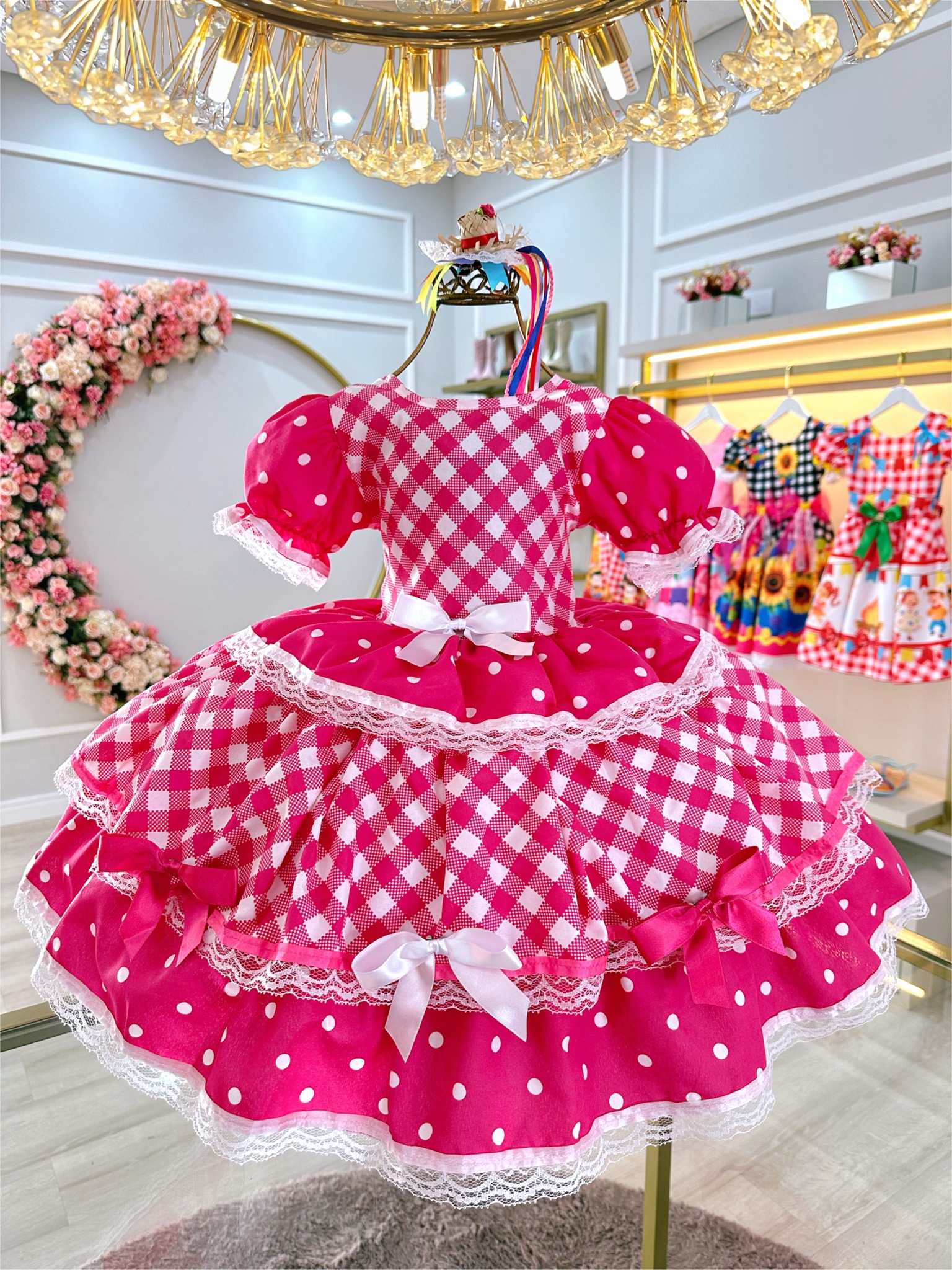 Vestido Infantil Junino Caipira Pink Xadrez