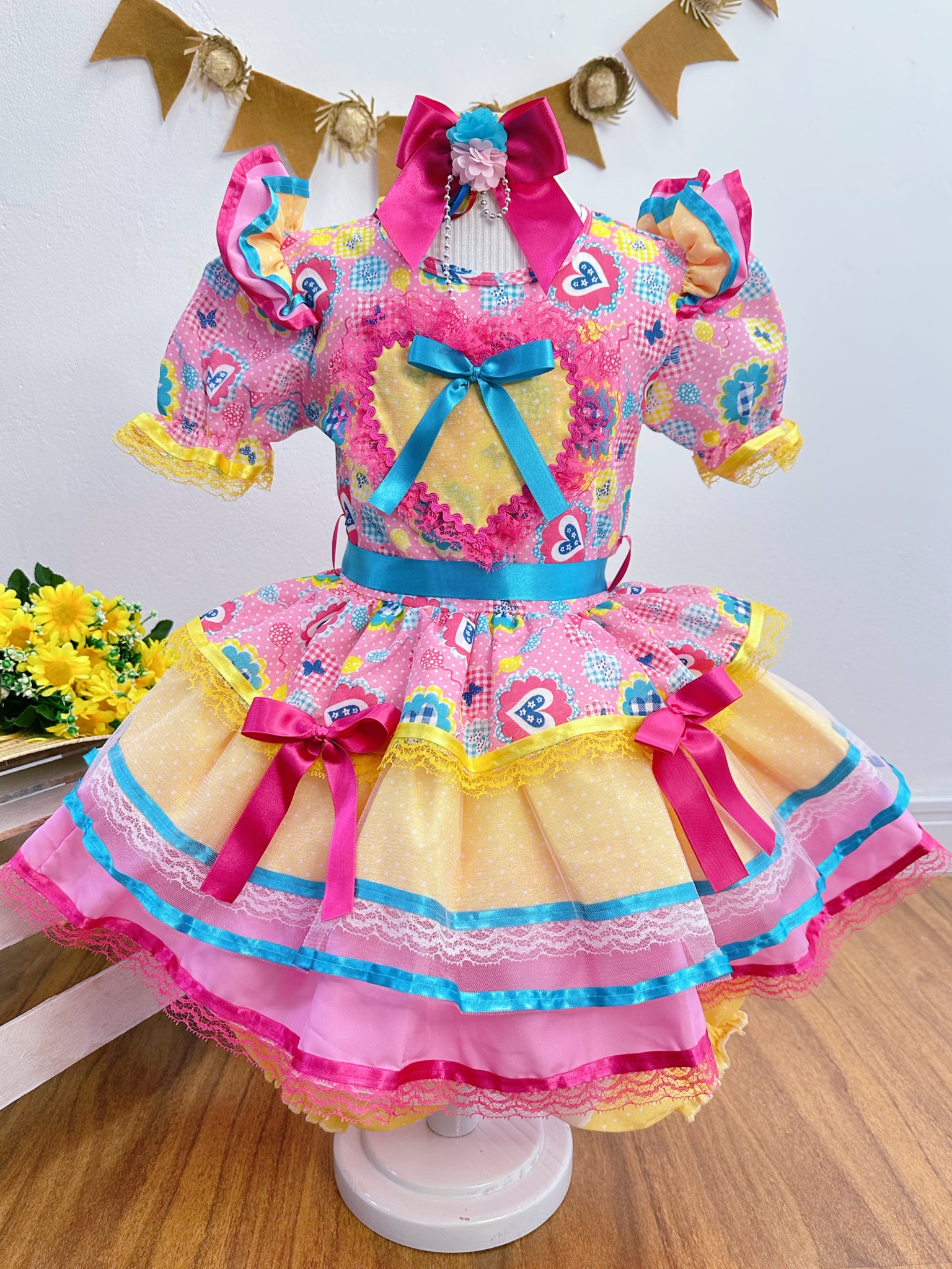 Vestido Infantil Junino Caipira Rosa Amarelo Colorido Estampado