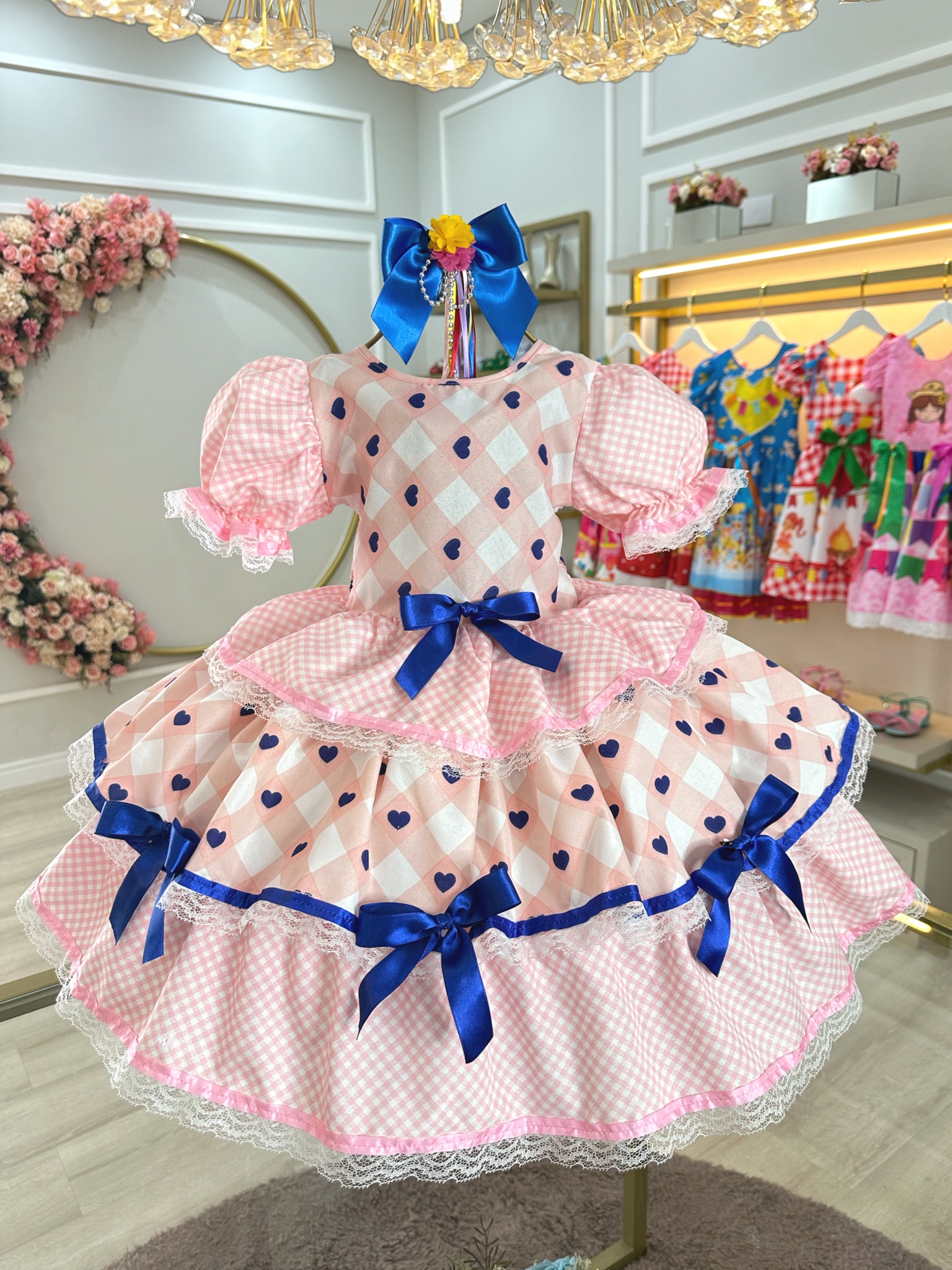 Vestido Infantil Junino Caipira Rosa Claro Colorido Corações