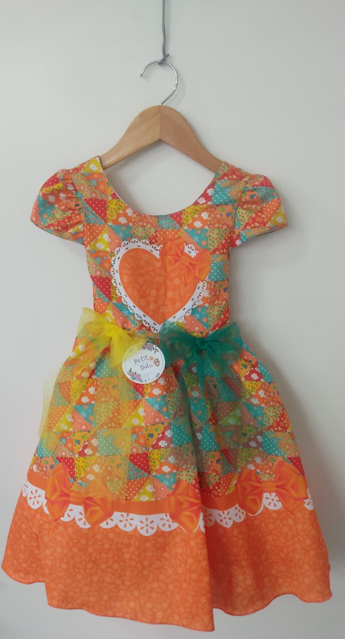 Vestido Infantil Junino Caipira São João Colorido Laranja