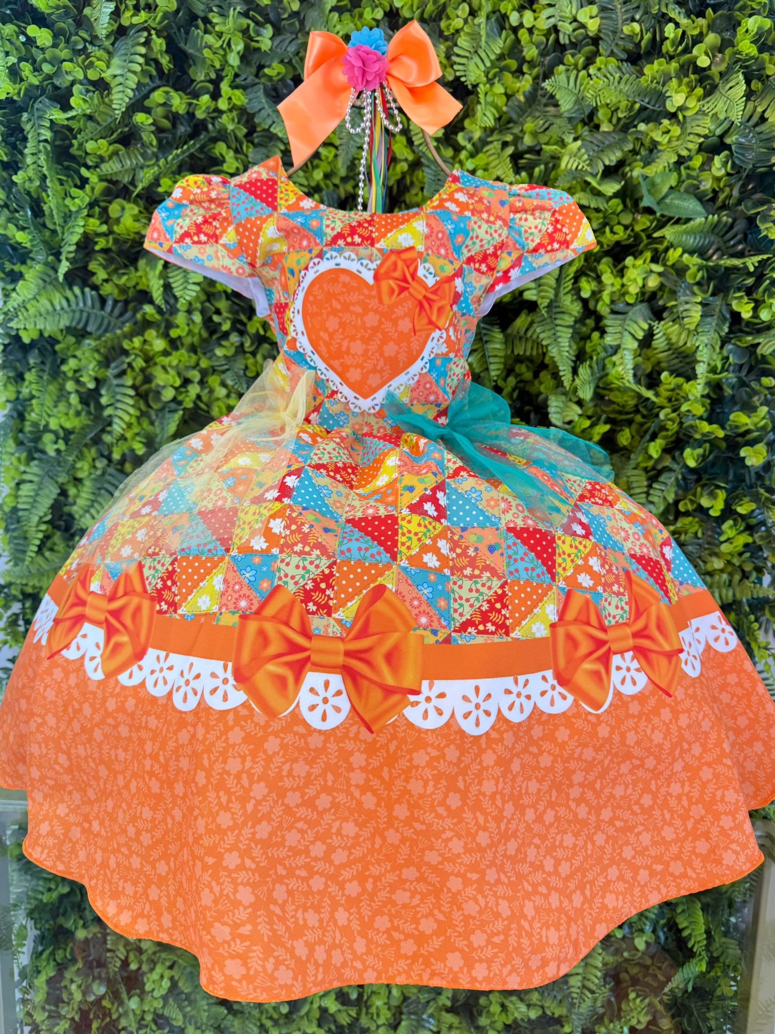 Vestido Infantil Junino Caipira São João Colorido Laranja