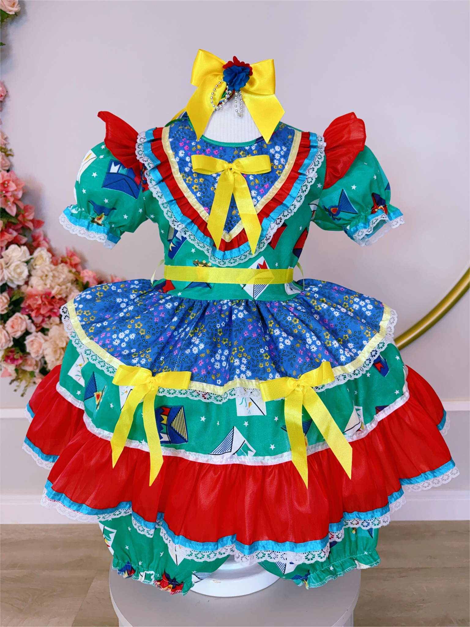 Vestido Infantil Junino Caipira Verde Colorido Estampado