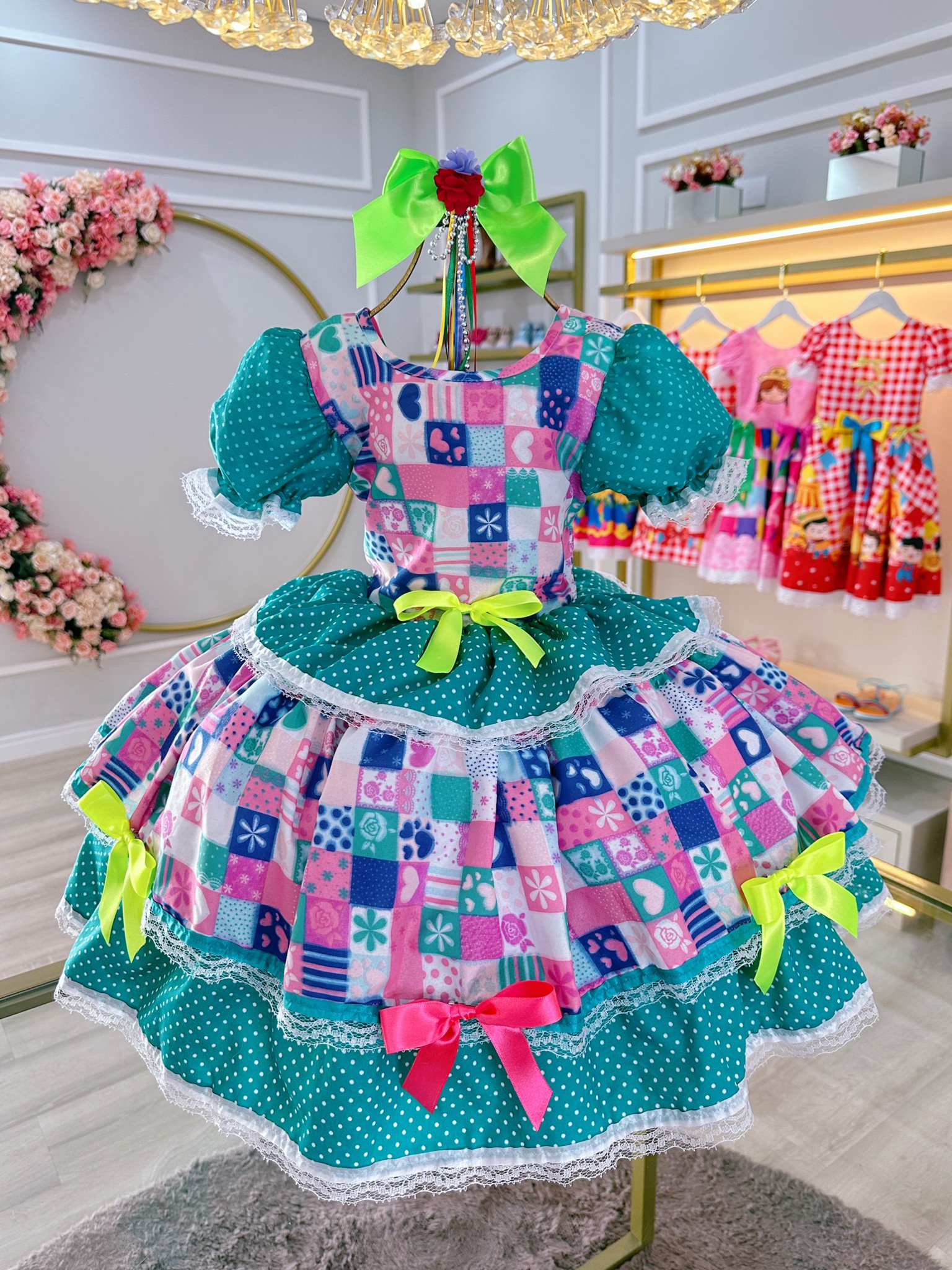 Vestido Infantil Junino Caipira Verde Com Estampas Colorida
