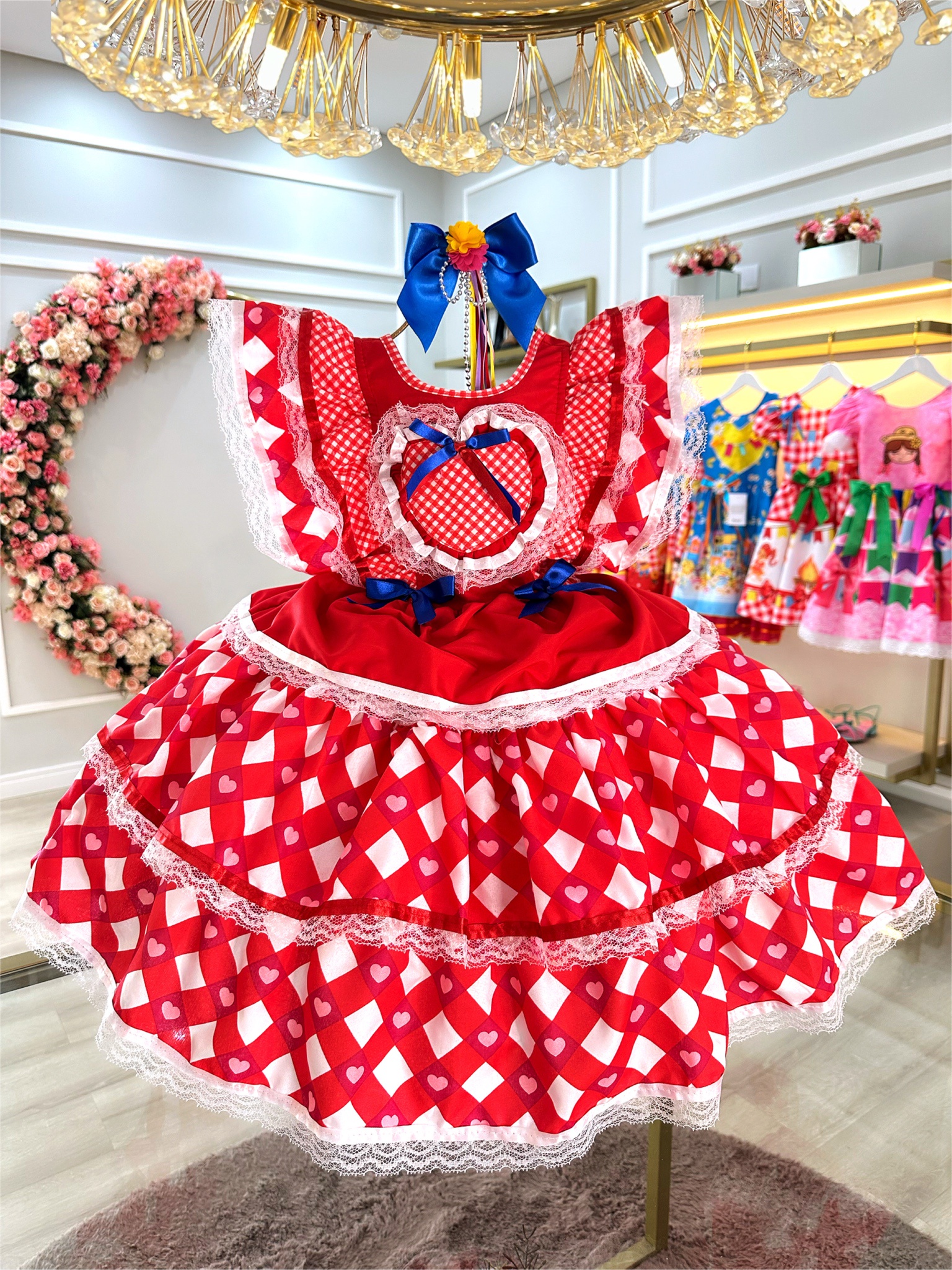 Vestido Infantil Junino Caipira Vermelho C/ Desenho Corações